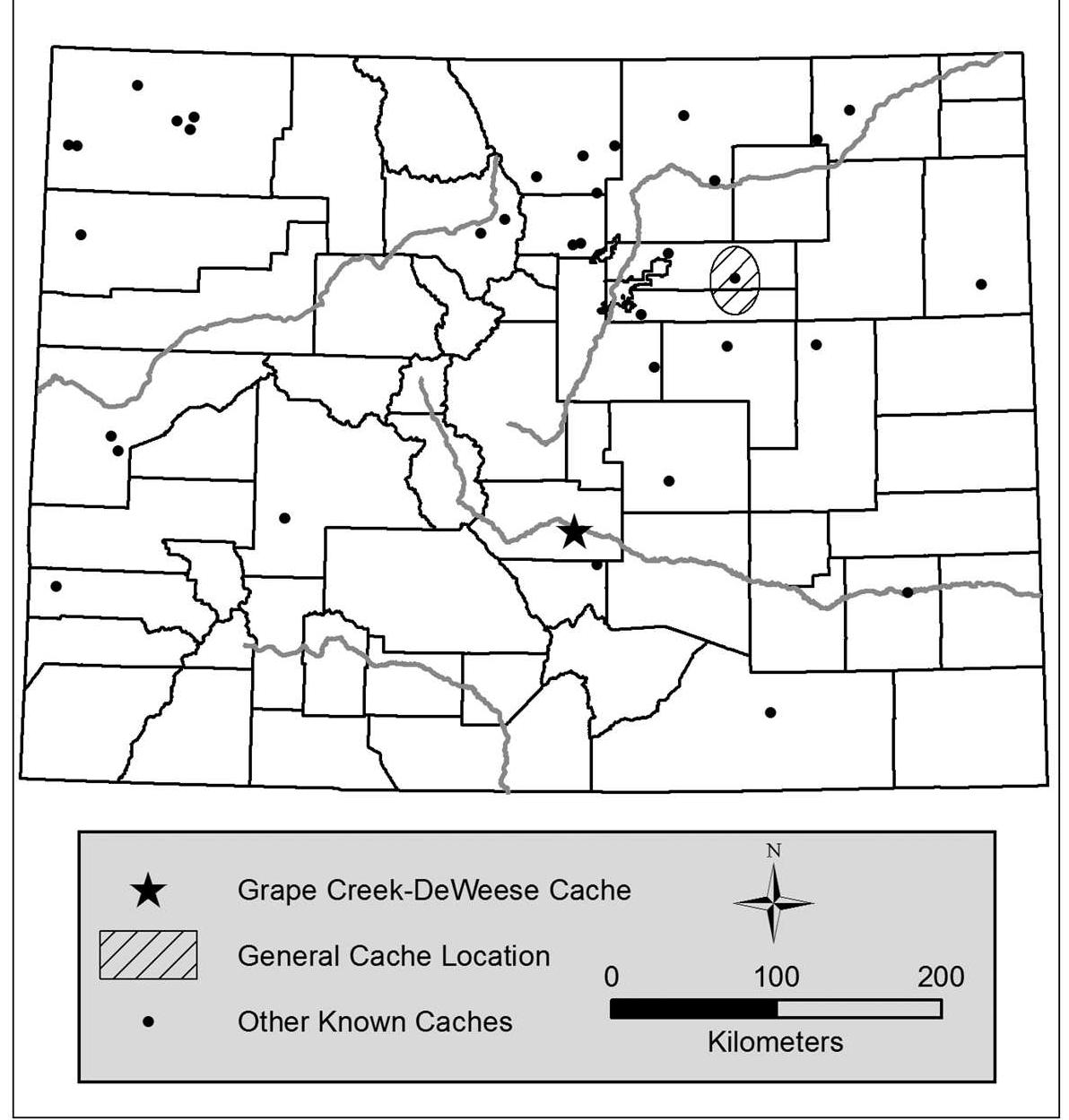 Figure 1. Location of the Grape Creek-DeWeese cache relative to other known caches in Colorado (see LaBelle, this volume, for information on the other caches) 