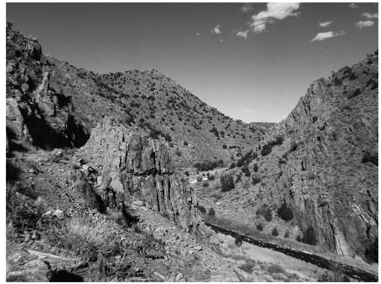 Figure 3. Lower Grape Creek, near the confluence with the Arkansas River. Note rock cut for Denver & Rio Grande branch line in photo left. View is to the northeast. Photo by the author, 3/5/2013. 