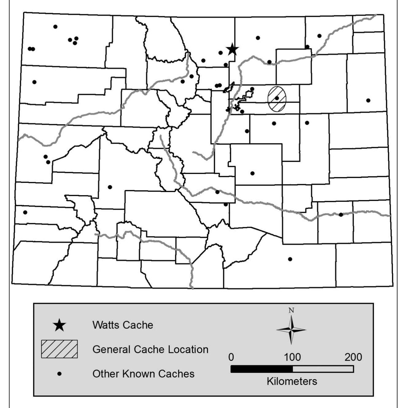 Figure 1. The location of the Watts cache relative to other known caches in Colorado (see LaBelle, this volume, for information on the other caches). 