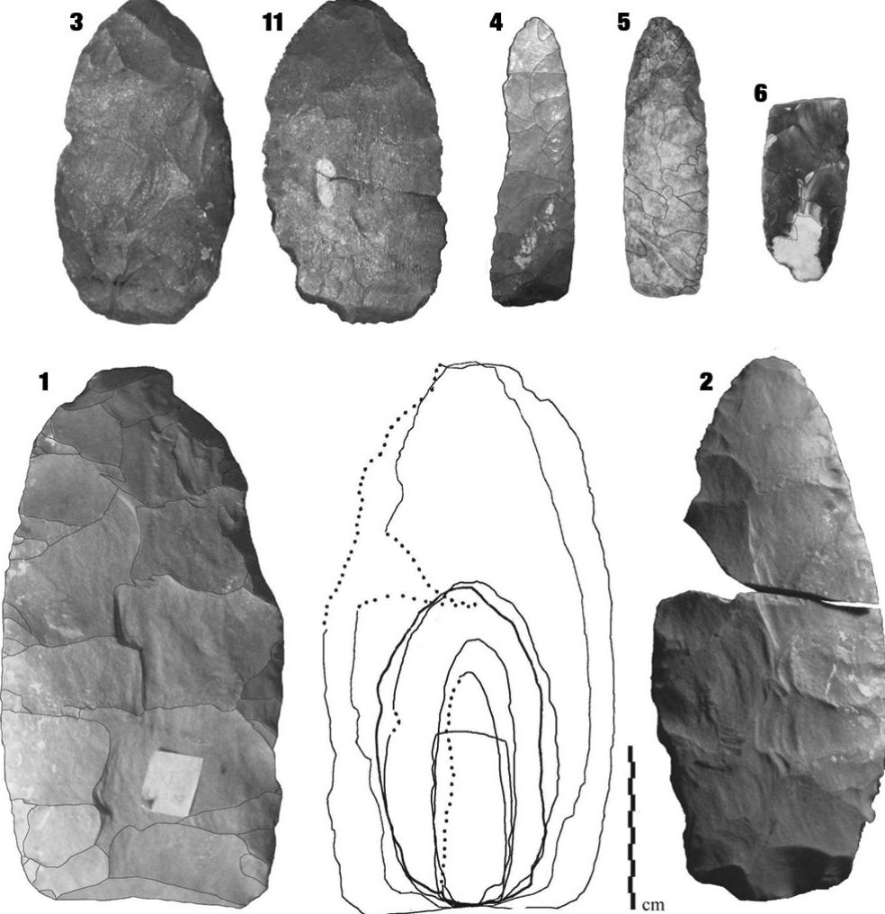 Figure 2. Detail and outlines of artifacts in the Watts cache, numbers correspond to artifact numbers given in the text. Lines have been added to some photographs to enhance flake scar patterns. Dashed lines on the outlines represent recent/modern damage. 