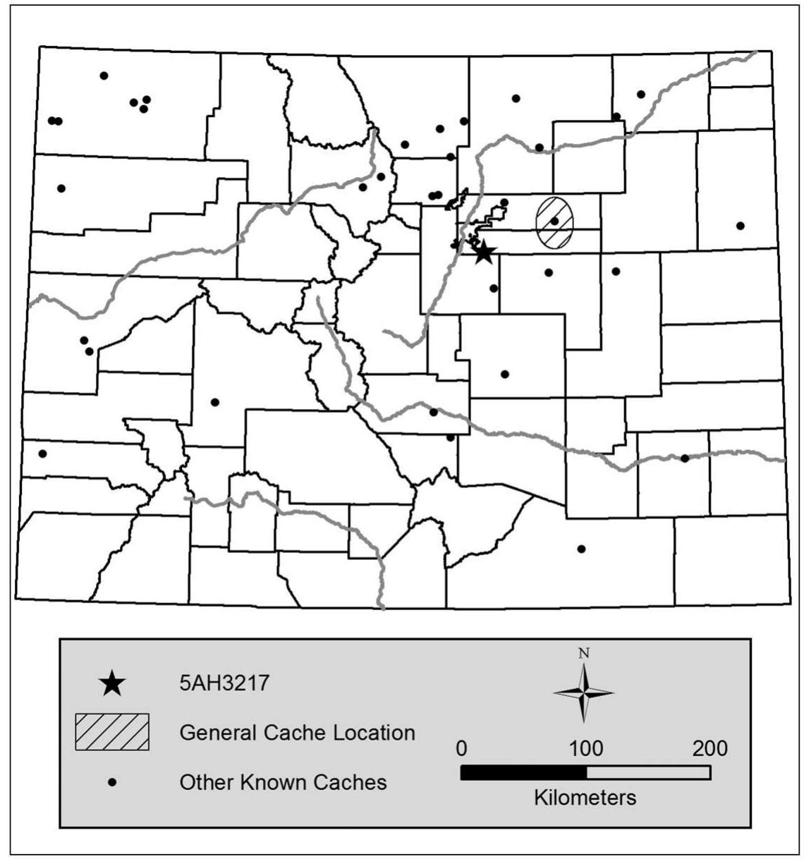 Figure 1. Location of 5A4H3217, relative to other known caches in Colorado (see LaBelle, this volume, for information on the other caches). 