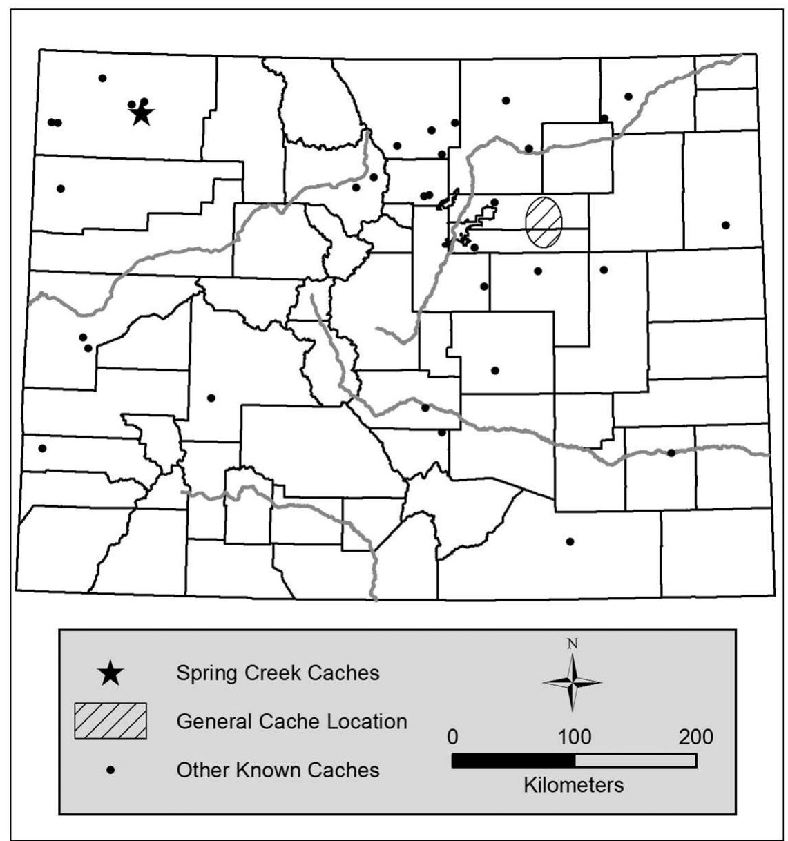 Figure 1. Location of the Spring Creek caches relative to other known caches in Colo- rado (see LaBelle, this volume, for information on the other caches). 