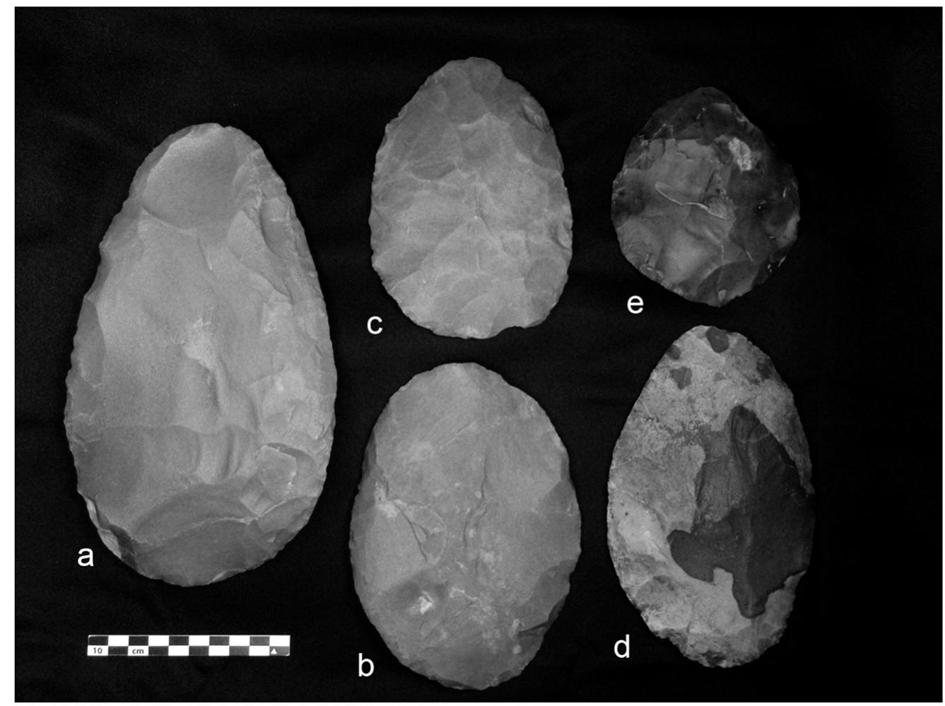 Figure 2. Photograph of the Bijou Creek biface cache artifacts: (a) biface 1; (b) biface 2, (c) biface 3; (d) biface 4; (e) biface 5. Photograph by the author. 