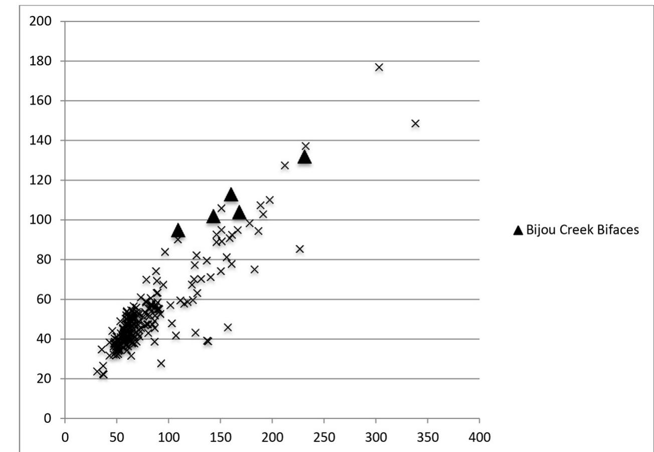 Figure 3. Comparative chart of the width to length (mm) of the Bijou Creek cache 0ifaces to the data set of 205 cached bifaces from Colorado and southern Wyoming. The bifaces in the data set are shown as an X, and the Bijou Creek bifaces are shown as solid triangles for emphasis. 
