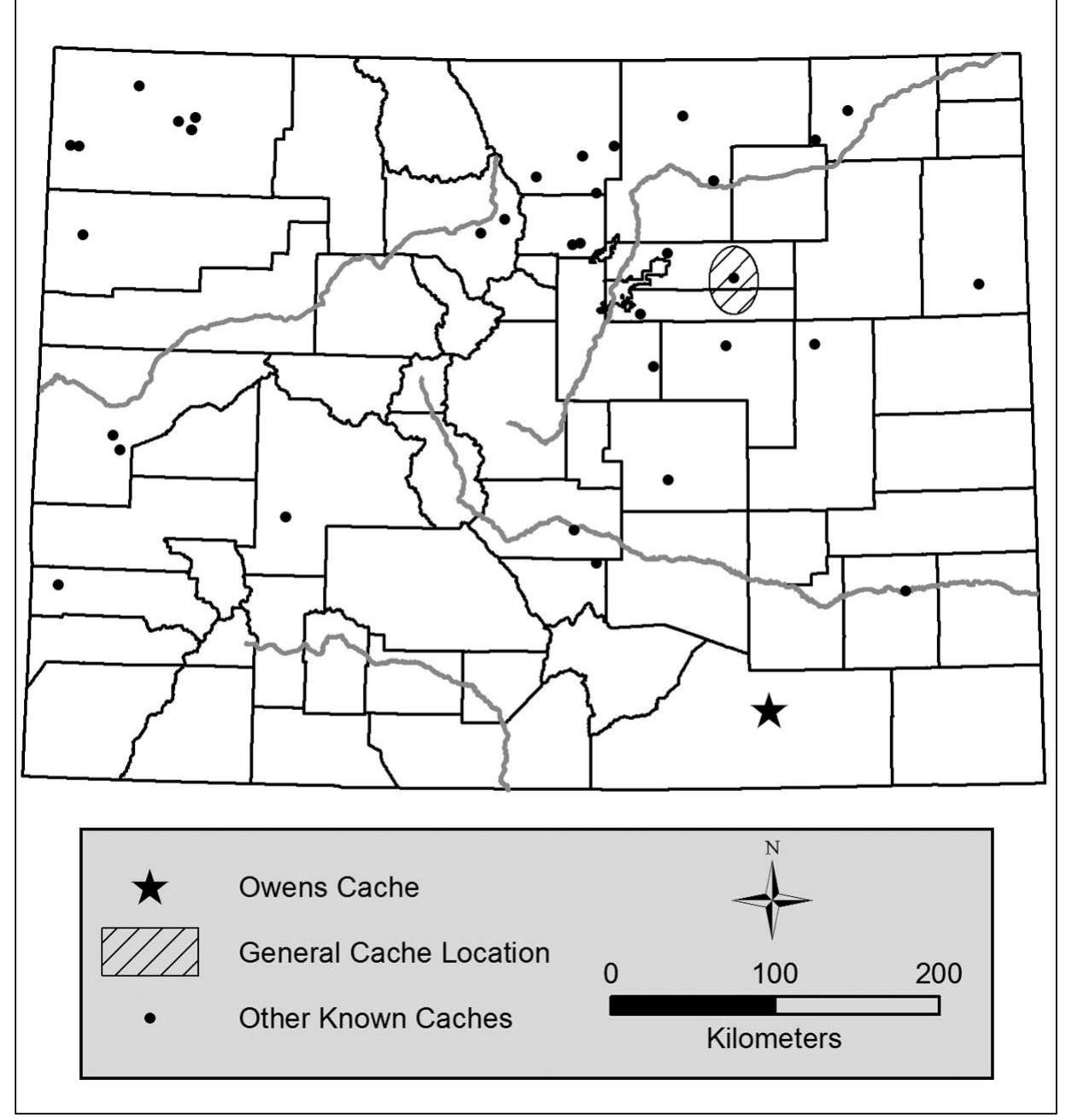 Figure 1. Location of the Owens cache relative to other known caches in Colorado (see LaBelle, this volume, for information on the other caches). 
