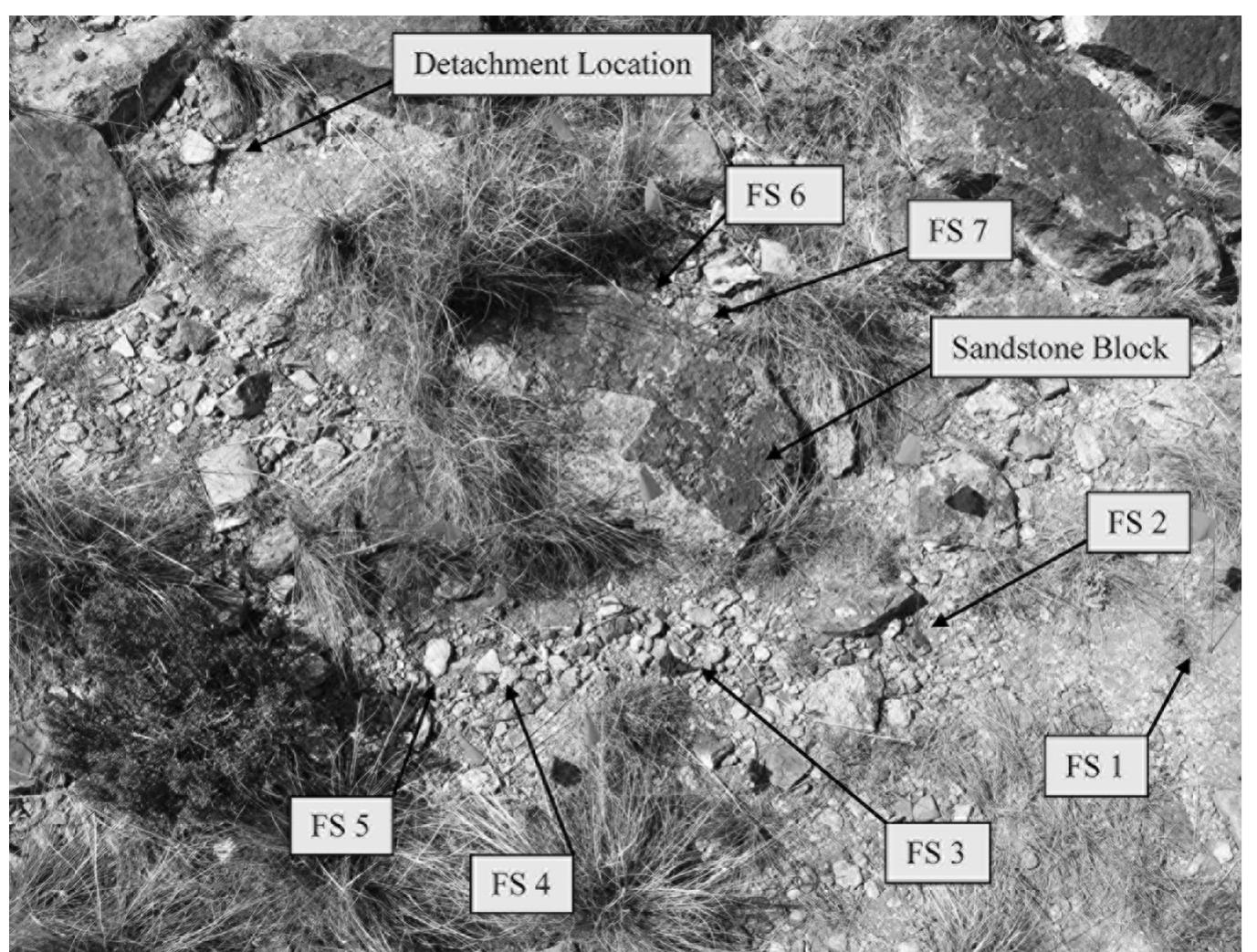 Figure 2. Photograph showing the location of the parent rock outcrop and detached sandstone block. 