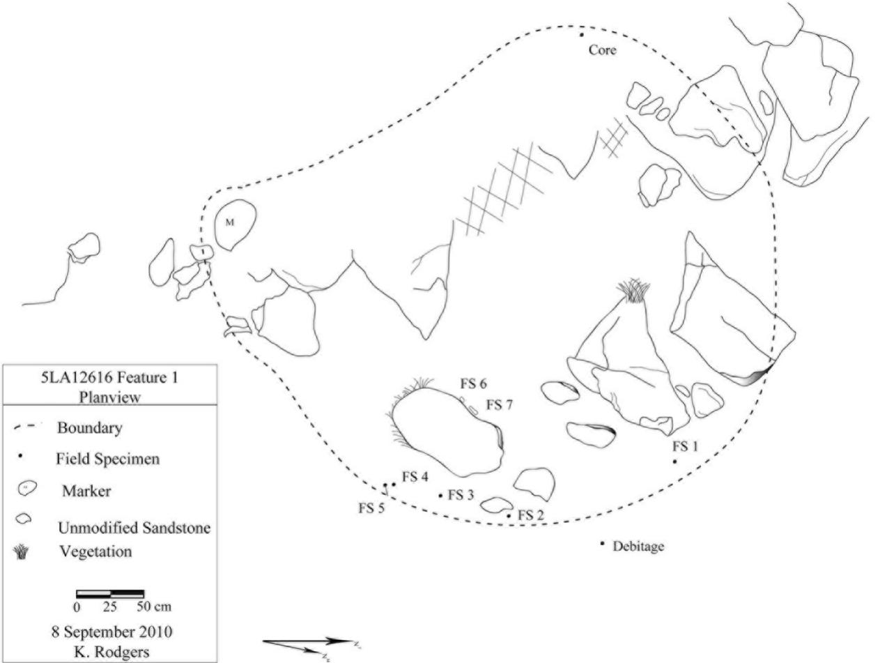 Figure 3. Planview map showing spatial relationships between cache artifacts, parent bedrock shelf, and various detached blocks covering the cache. 