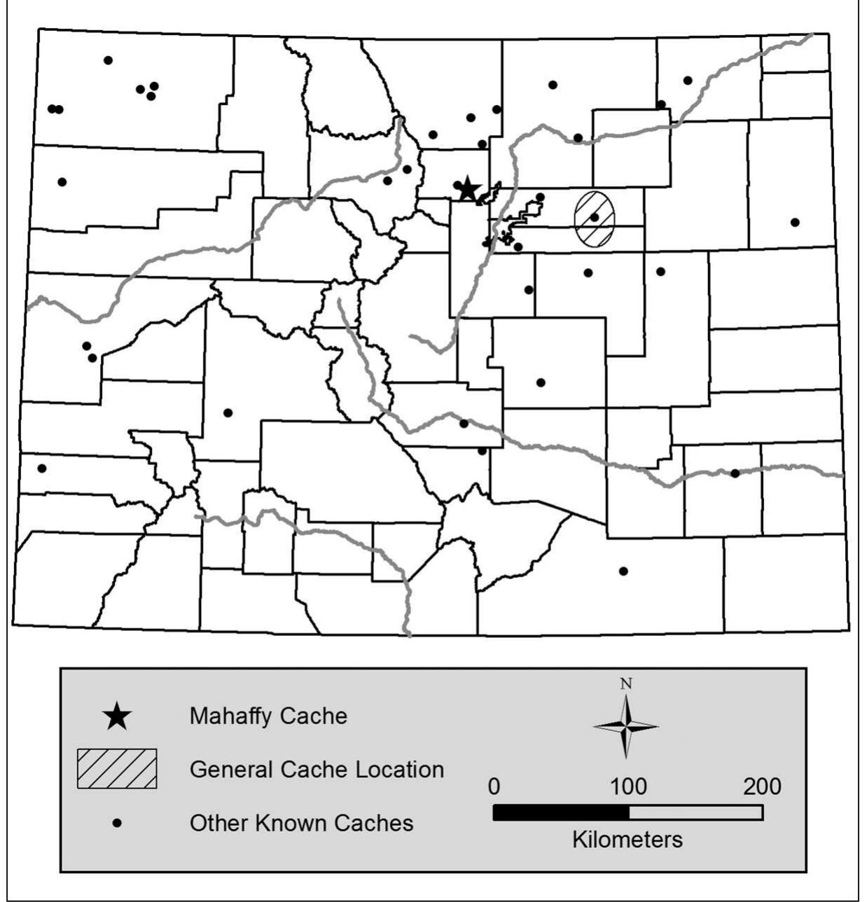 Figure 1. Location of the Mahaffy cache relative to other known caches in Colorado (see LaBelle, this volume, for information on the other caches). 