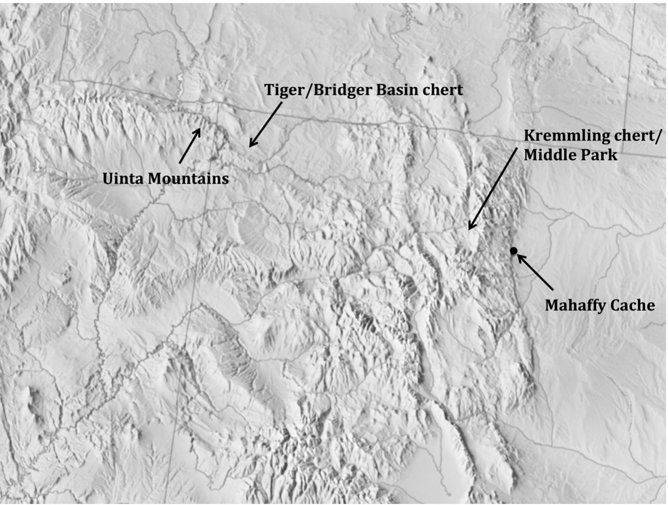 Figure 2. Location of the Mahaffy cache relative to the sources of the lithic material it contains. 