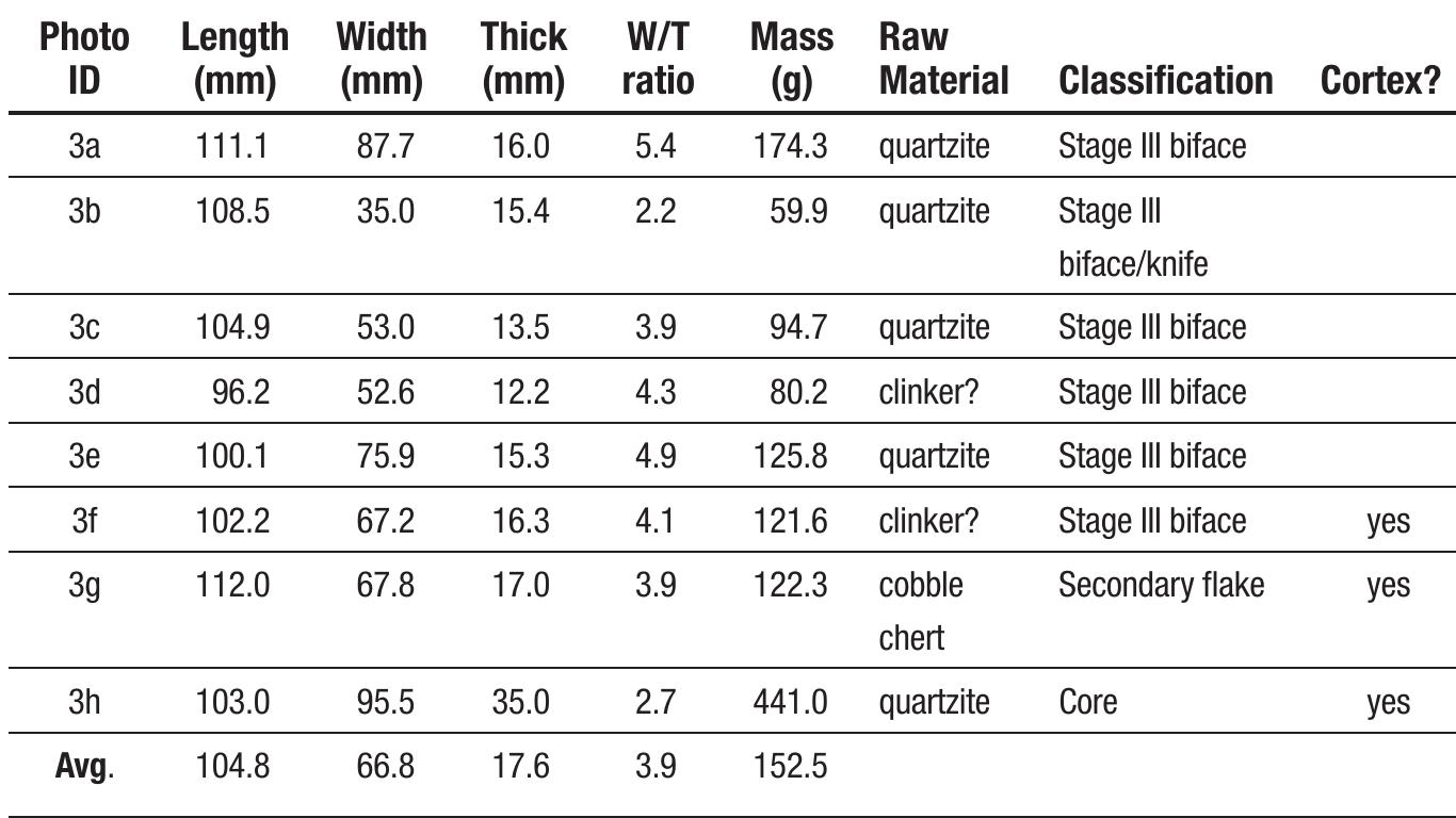 Table 1. Metric and descriptive attributes of the Volcic cache chipped stone items.  