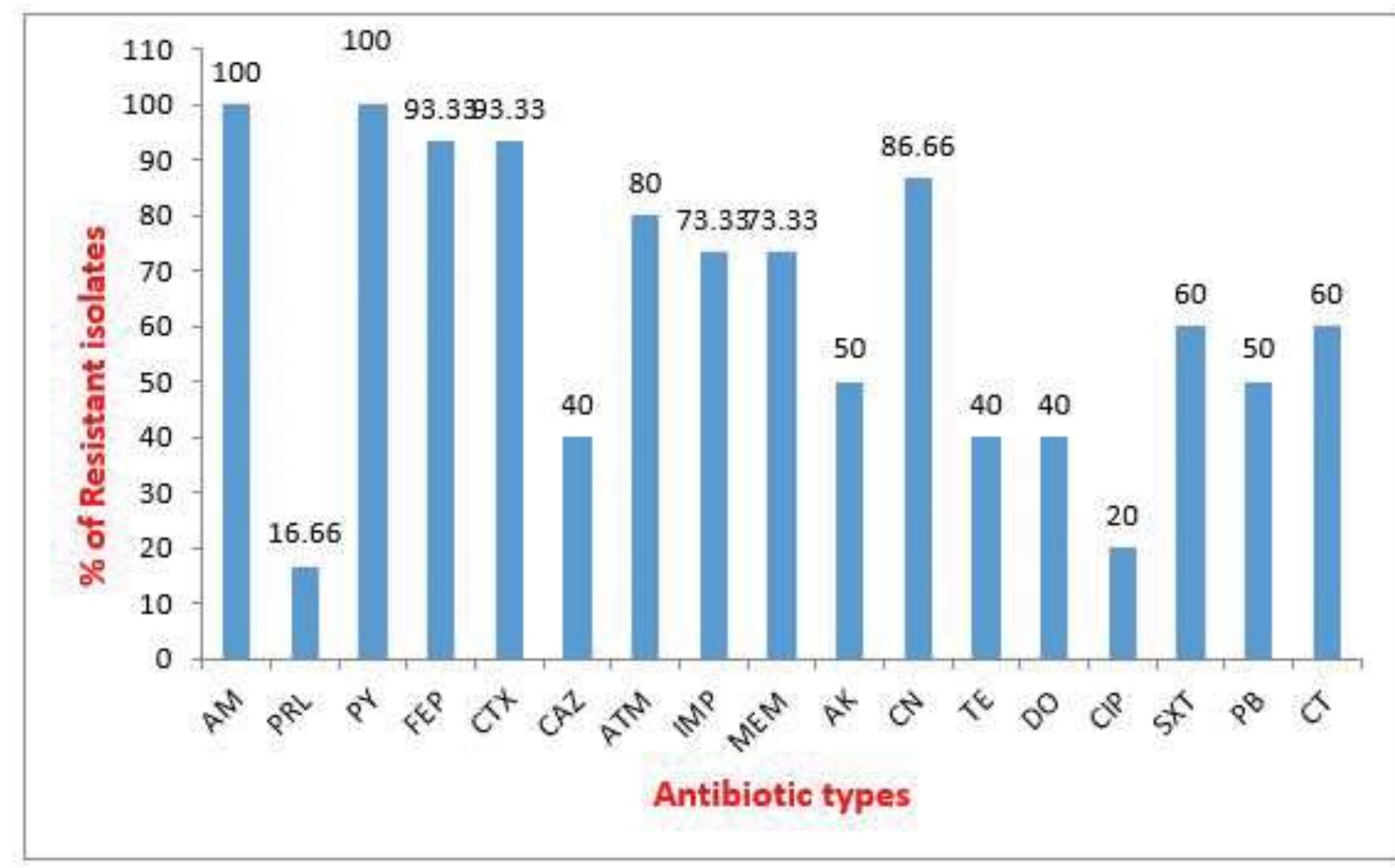and Colistin 18 (60%). For tetracycline, the resistance  Carbapenemase Production in A. baumannii: Metallo B-lactamases detection of A.baumannii isolates was performed by MBL E-test (Imipenem/Imipenem+ EDTA). Results found that 22 isolates out of 30 (73.3%) were positive to this test (Figure 2). 