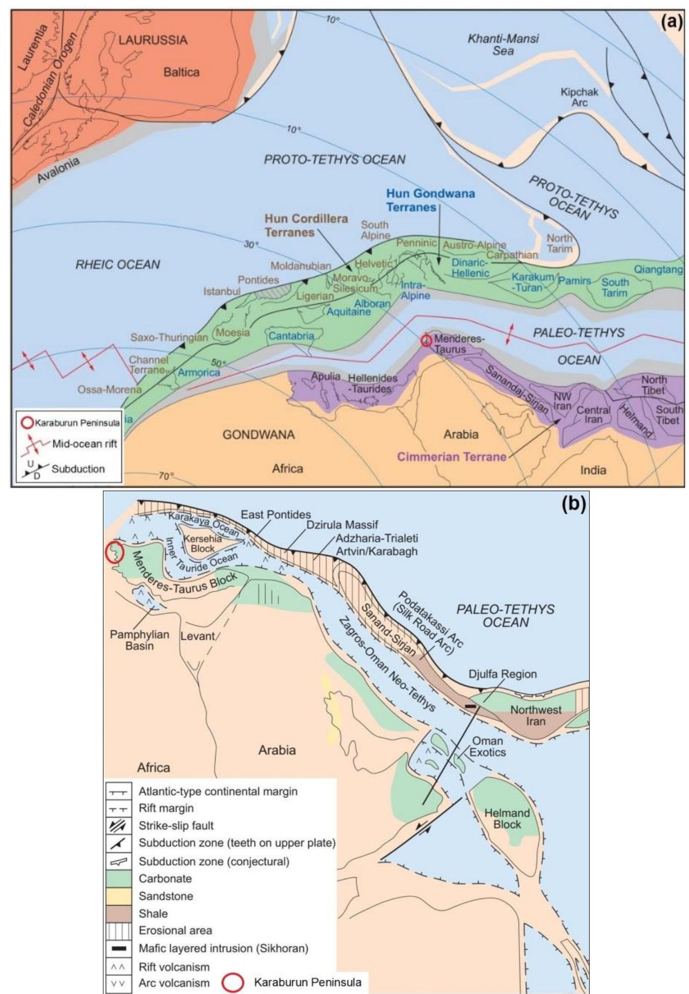 Figure 15. (a) Upper Silurian (420 Ma) and (b) Lower Triassic (245 Ma) paleogeography of Turkey (Ruban et al., 2007).  paleogeographic location and the tectonic past, which has led to the formation,  migration, and closure of hydrocarbons in the region. Ozdemir and Palabiyik [74,75]  have mentioned t  hydrocarbons in  containing rifting rifting during bo basins (Figure 15  the water samples should have formed in the geologica  hat petroleum source rocks were formed in the mid-ocean ridges and in the continental rifts (spreading centers). Therefore, the source rocks that derived  processes in the study area. Karaburun Peninsula was exposed to th Upper Silurian and Lower Triassic periods and formed the rift . In the study area, the source rocks that derived the hydrocarbons  period(s  should have been formed in the rift basins developed as a result of these two rifts because the hydrocarbons in the water samples were derived from bo transitional, and terrestrial source rocks (Figs. 7-10).  th marine, 
