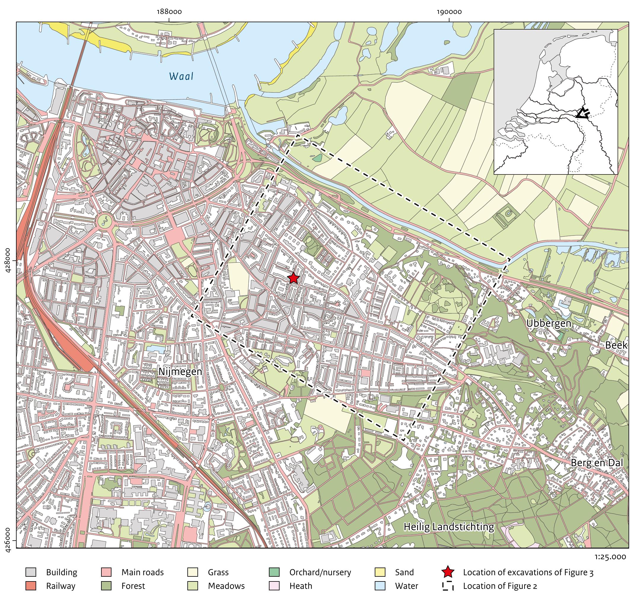 Fig. 1 The Netherlands and Nijmegen: modern topography and location of research area (Figure 2) and Roman amphitheatre (red star).  What first comes to mind as the first author o1 this contribution to Roel Lauwerier’s liber  amicorum, and as director of the 1972-1981 excavations carried out by the Rijksdienst voor het Oudheidkundig Bodemonderzoek (ROB) in Roman ijmegen, is Roel’s PhD study on the role of animals during the Roman period in the eastern part of the Dutch eastern river area and especially in and around Nijmegen.’ Ten years ater, when that same subject was one of the three themes of the NWO programme ‘Roman ijmegen: headquarters and capital in the region  