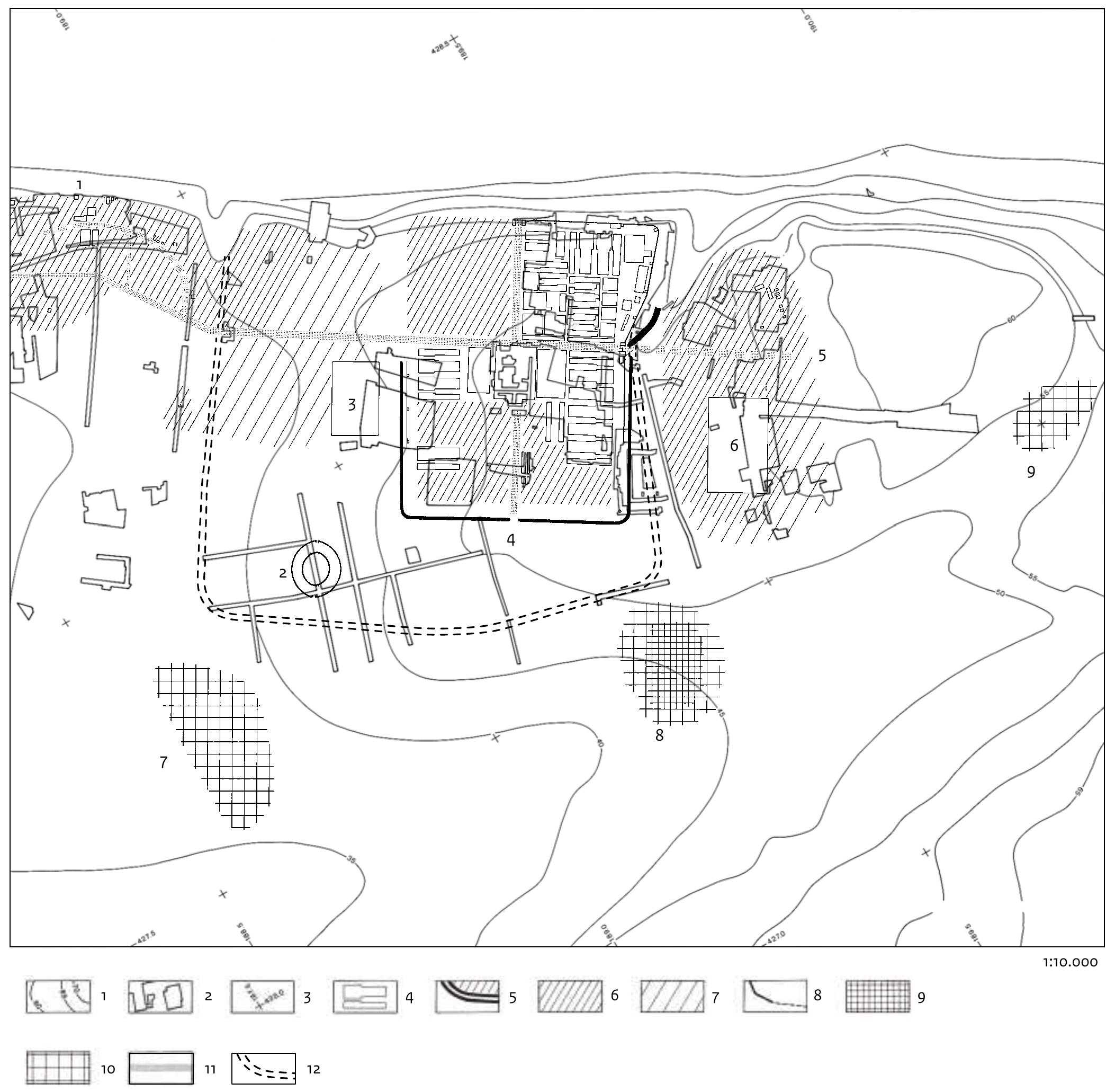 Fig. 2 Nijmegen. Topography of the Hunerberg during the period AD 70-120 (situation 1982). Scale 1: 10,000. After Bloemers et al. 2016, 102-103 Fig. 4.1.  Legend: 1. contour lines; 2. excavated areas; 3. topographical coordinates; 4. contours of Roman buildings; 5. Roman ditches enclosing (occupied = hatched) military areas; 6. area inhabited during this period (investigated and/ or many finds); 7. area inhabited during this period (not investigated by ROB and/or few finds); 8. area enclosed but not inhabited during this period (investigated); 9. cemetery in use during this period (investigated and/or many finds); 10. cemetery in use during this period (not investigated by ROB and/or few finds); 11. (hypothetical) Roman road; 12. ditches of Augustan large fortification.  Site numbers: 1. the western part of the canabae legionis on the Hunerberg (Willems 1981 no. 407); 2. the amphitheatre (Willems 1981 no. 408); 3. enclosed area; 4. legionary fortress on the Hunerberg (Willems 1981 no. 412); 5. eastern part of the canabae legionis on the Kops Plateau (Willems 1981 no. 416); 6. large building belonging to the eastern part of the canabae legionis on the Kops Plateau (Willems 1981 no. 416); 7. cemetery southwest of the legionary fortress on the Hunerberg (Willems 1981 no. 413); 8. cemetery south-east of the legionary fortress on the  Uinerharo (Willamec 10281 nn 414)\'o0 cametery on thea coith-eactern cide af the Knnc Platean (Willamec 10281 non 418) 