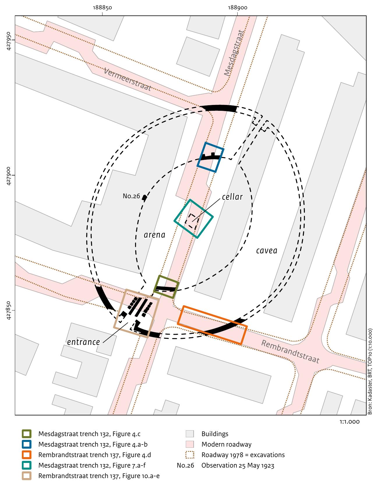 Fig. 3 Nijmegen; Schildersbuurt housing estate, situation 1978. Excavation trenches and the most important features associated with the amphitheatre. Scale 1: 1,000. 