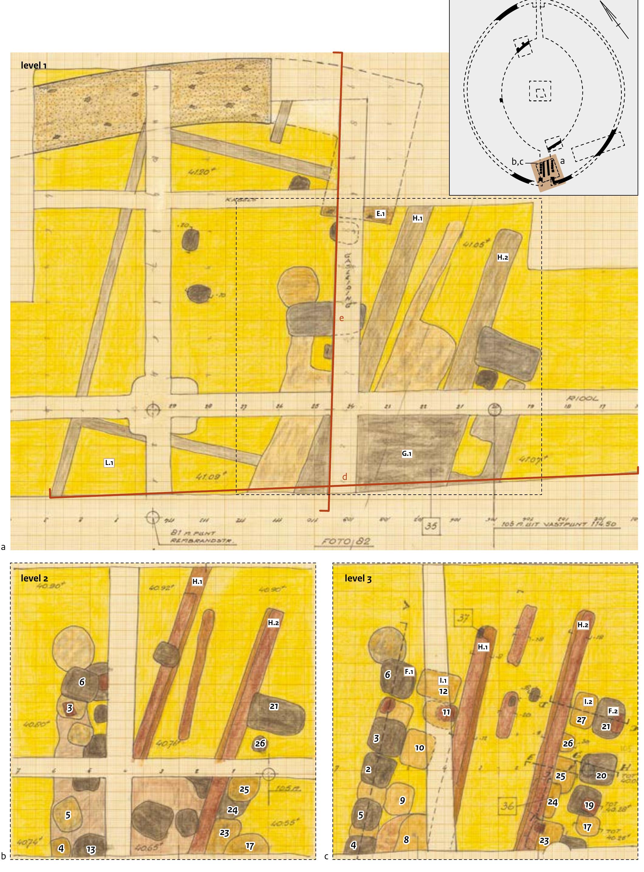 Fig. 10 Nijmegen. Amphitheatre: southern arena entrance. Trench 137: a. Level 1 (Drawing 1113); b. Level 2 (Drawing 1114); c. Level 3 (Drawing 1114). Scale 1: 100. 