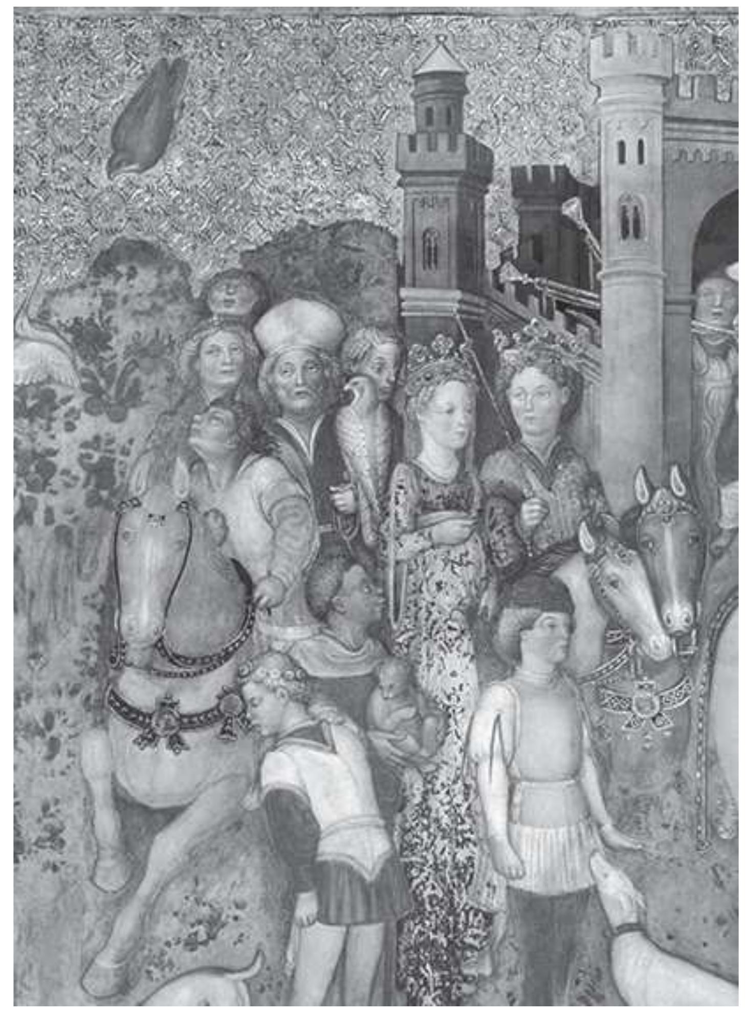 Bottega degli Zavattari, Storie di Teodolinda, scena 31: Partenza di Agilulfo e Teodolinda per la battuta di caccia, pittura murale, 1445 circa. Monza, Duomo. Cappella di Teodolinda. © Museo e Tesoro del Duomo di Monza/foto Piero Pozzi. 