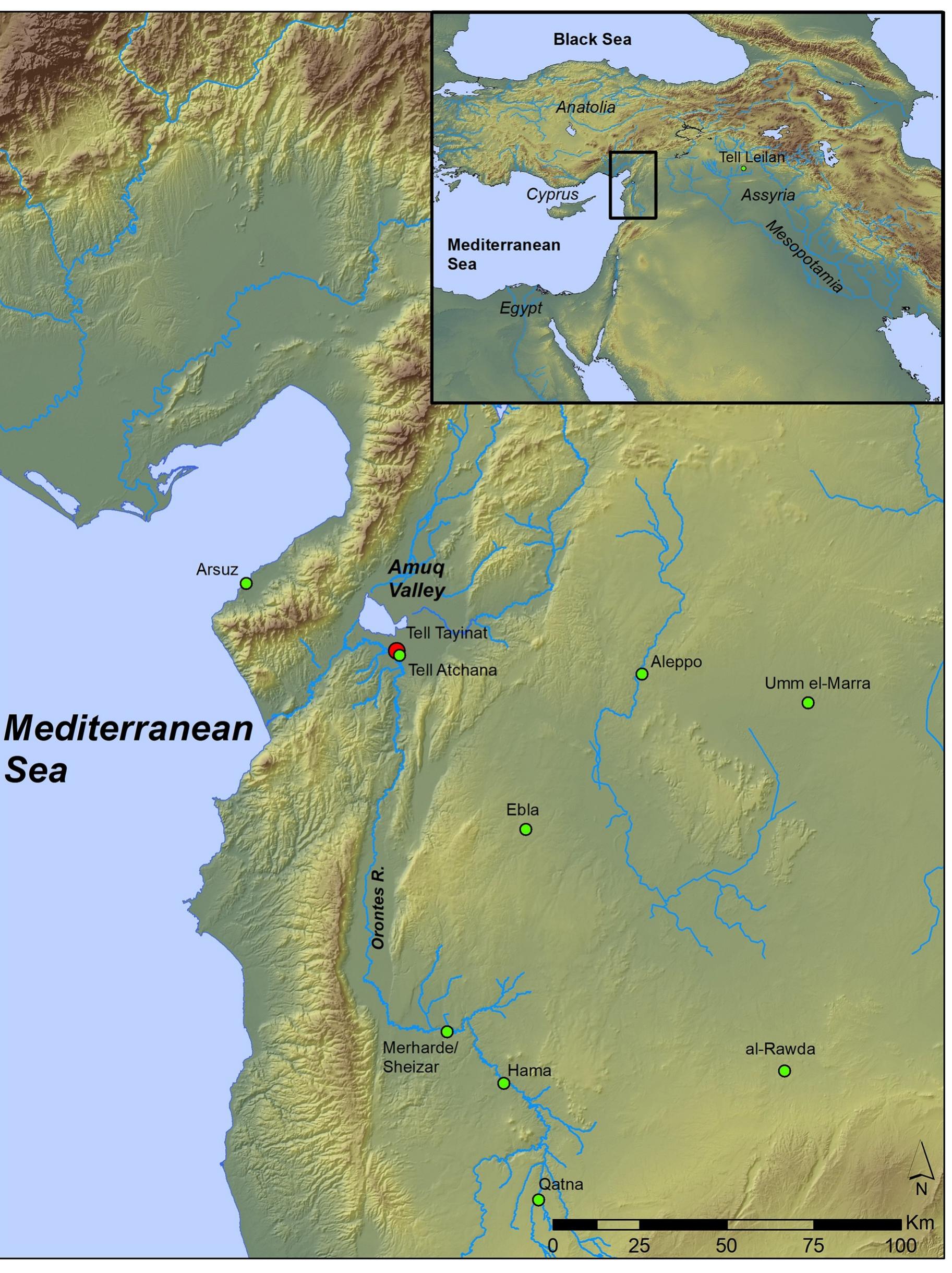 Fig 1. Map showing the Orontes Valley of Northwest Syria and Southeast Anatolia and all the sites discussed in this study. This map was produced in ArcGIS v 10.7.1 at the CRANE funded Archaeology Centre Digital Innovation Laboratory of the University of Toronto by compiling GIS Shapefiles and Digital Elevation Data built from publicly available sources including NASA/JPL/NIMA. 