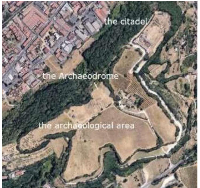 Fig. 2 — The fortress of Poggibonsi from S-W. Source: Google Earth (author's editing).  3.1. “Back Then”: From the First Excavation Seasons to the Archaeological Park 