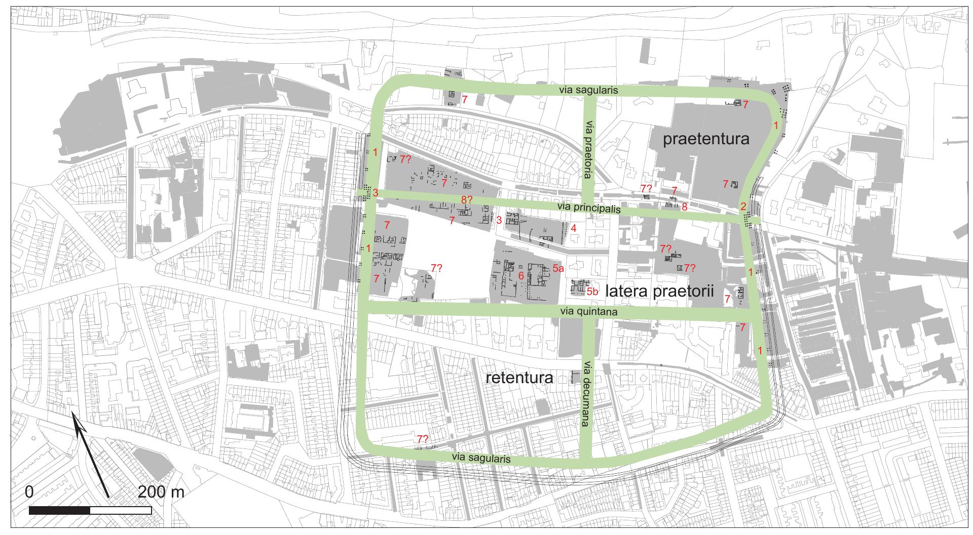 Fig. 3 Plan of the Augustan military base with identification of the main structures. Adapted after Niemeijer 2016.  only the east and west gates (porta principalis dextra and sinistra, fig. 3.2 and 3 have been excavated.*’ 