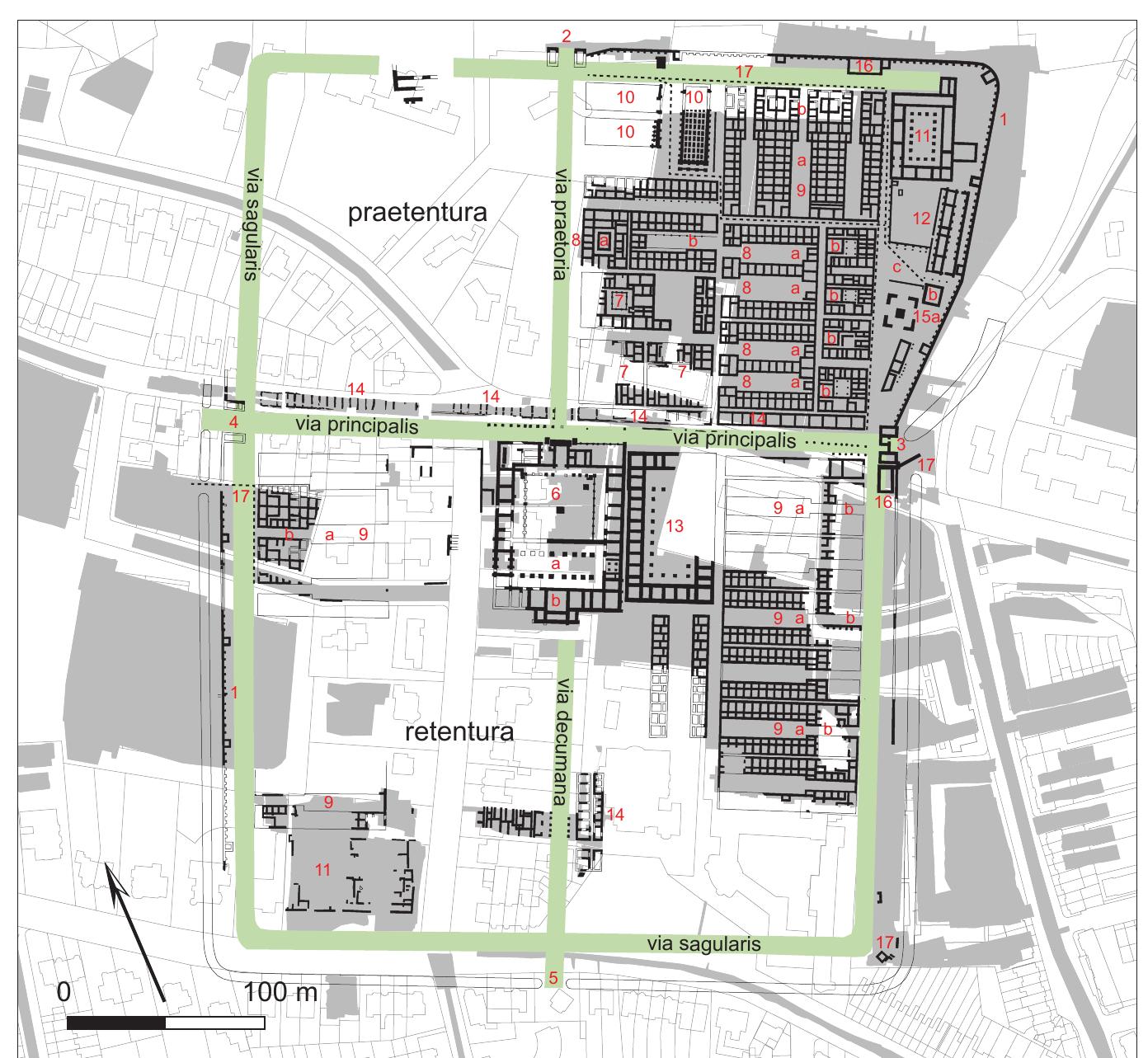 1.4.2 Flavio-Trajanic legionary fortress (castra)  The legionary fortress, in its fourth and fifth building phases, was rectangular  in shape apart from an extension of its northeast corner and was protected on three sides by a ditch (fossa), while the north side abutted a steep natural slope. All four sides were further protected by a stone wall with internal towers at approximately every 50 m (fig. 4.1). The construction of the east gate (porta principalis dextra, fig. 4.3) is most fully understood, while only parts have been excavated of the west gate (porta principalis sinistra, fig. 4.4) and the main gate (porta praetoria, fig. 4.2). To date, no research has taken place in the area of the south gate (porta decumana, fig. 4.5).4! 