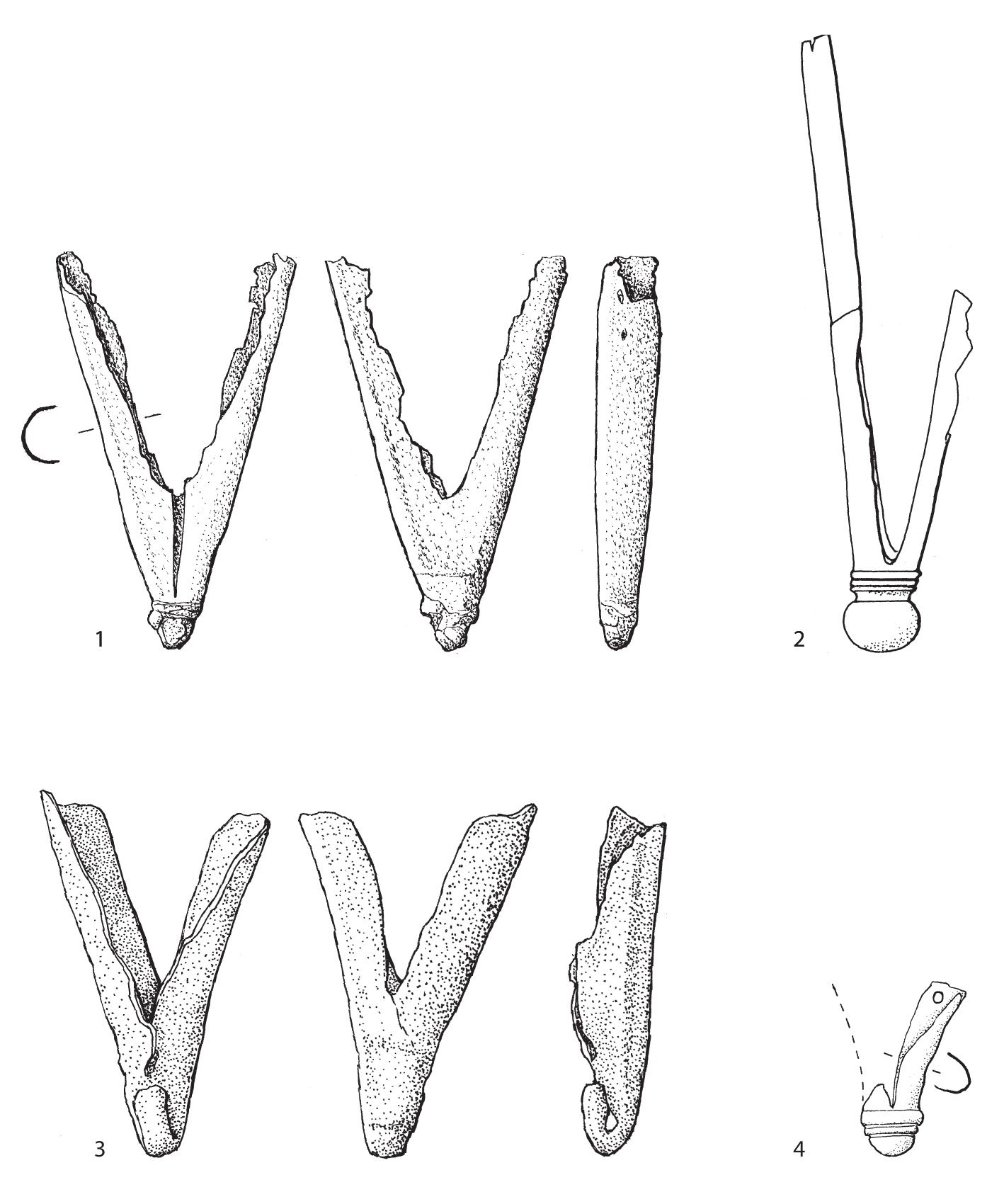 of Pompeii type scabbards. Until the late 2nd century scabbards invariably had two suspension bands, each with a suspension ring on either side, for attachment to the belt. After this date, the scabbard was attached to the belt by use of a scabbard-slide on the back of the scabbard.® On Mainz and early Pompeii (Porto Novo) type scabbards the suspension bands are separate pieces, while on later Pompeii scabbards they are an integral part of the mouth plate.” 