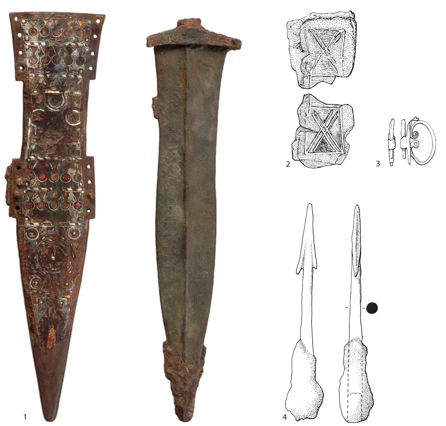 Fig. 11 Pugio blade and scabbard fragments and  plumbata throwing dart. Scale 1:2.  ring was found for attachment of the dagger sheath to the belt (fig. 11.3). The find lists mention another nine unpreserved dagger fragments and one dagger sheath fragment, which I have not seen. 