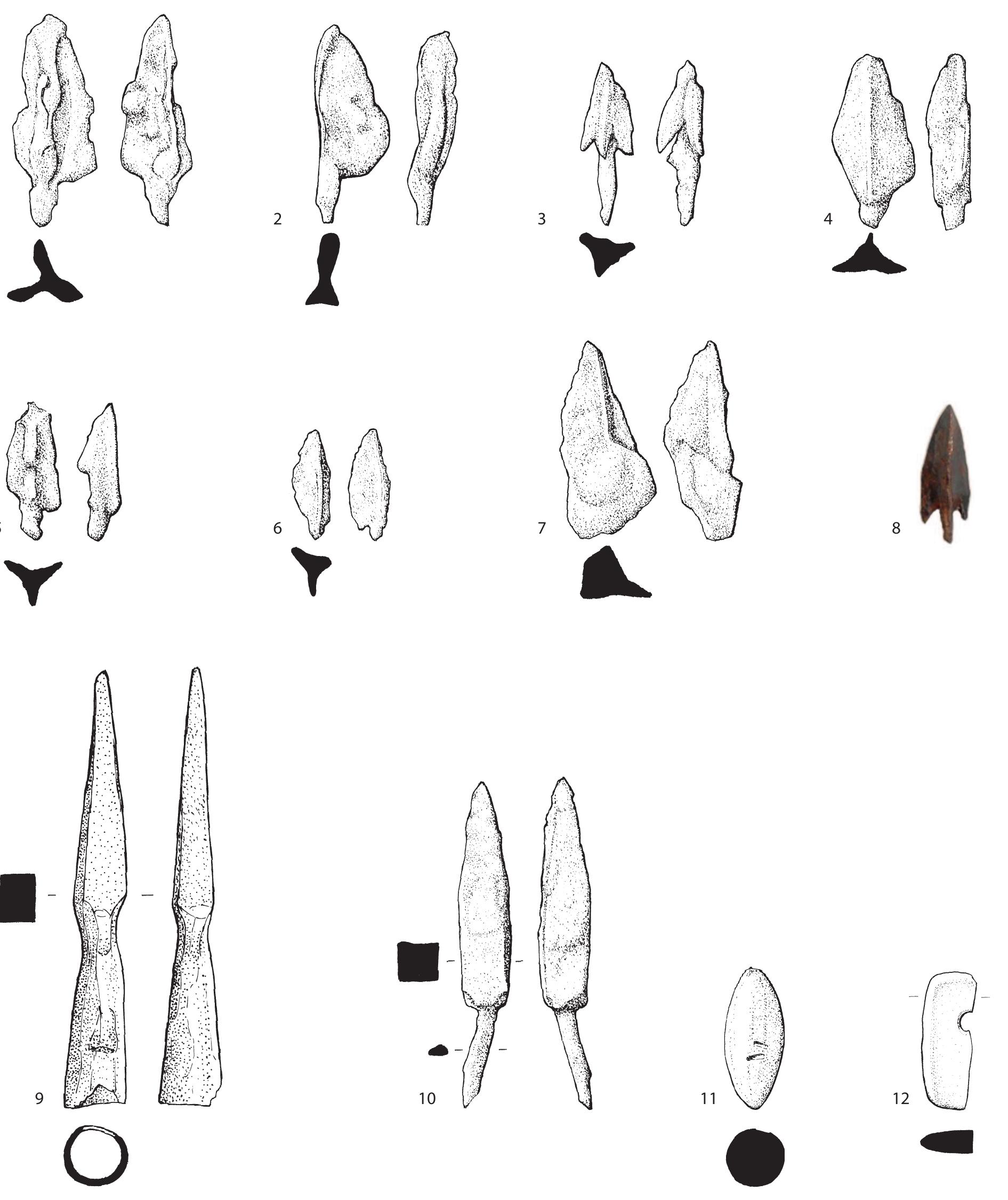 whether these should be considered a deliberate inscription and, if so, what they mean. The other three sling bullets could not be found.'® All four are stray finds, so they cannot be attributed to the Augustan or the Flavio-Trajanc phase.  Fig. 15 Arrow heads, bow tip lath, ballista bolts and sling bullet. Scale 2:3. 