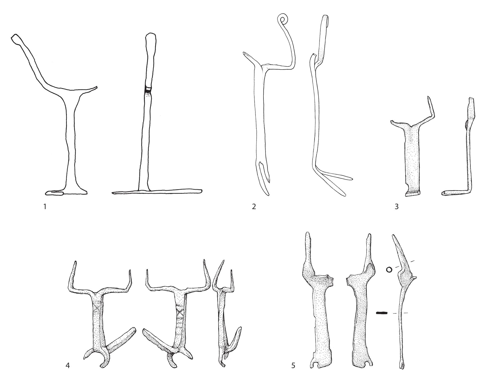 Fig. 21 Helmet crest holders. Scale 1:2.  have ‘twist-on’ type crest holders.!? From the Flavio-Trajanic legionary fortress  comes a copper-alloy object which is somewhat similar in shape (fig. 21.5). Perhaps it can also be identified as a crest holder. 