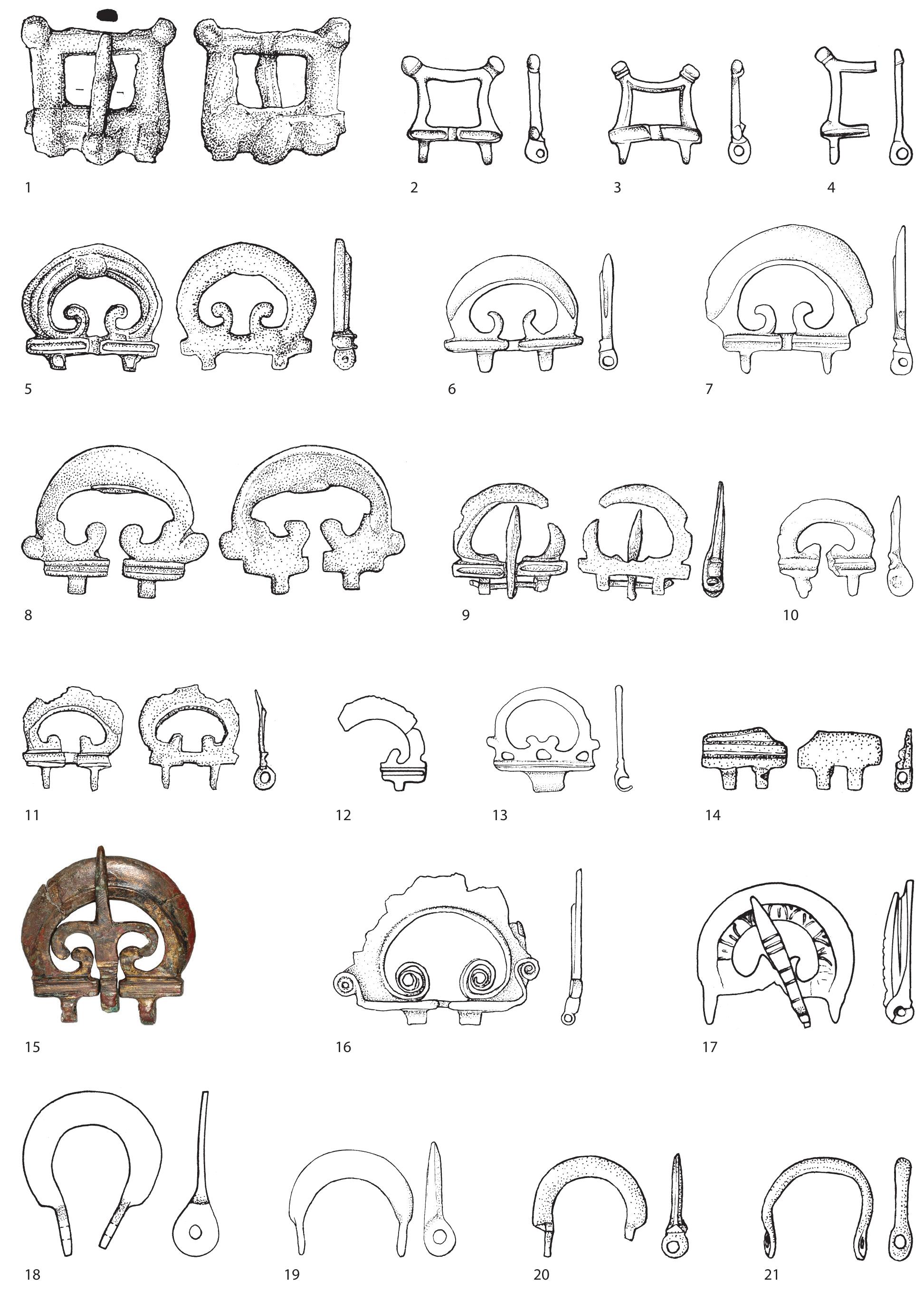 Fig. 38 Buckles: Quadrilateral, D-shaped with internal volutes and D-shaped with perpendicular eyes. Scale 2:3 