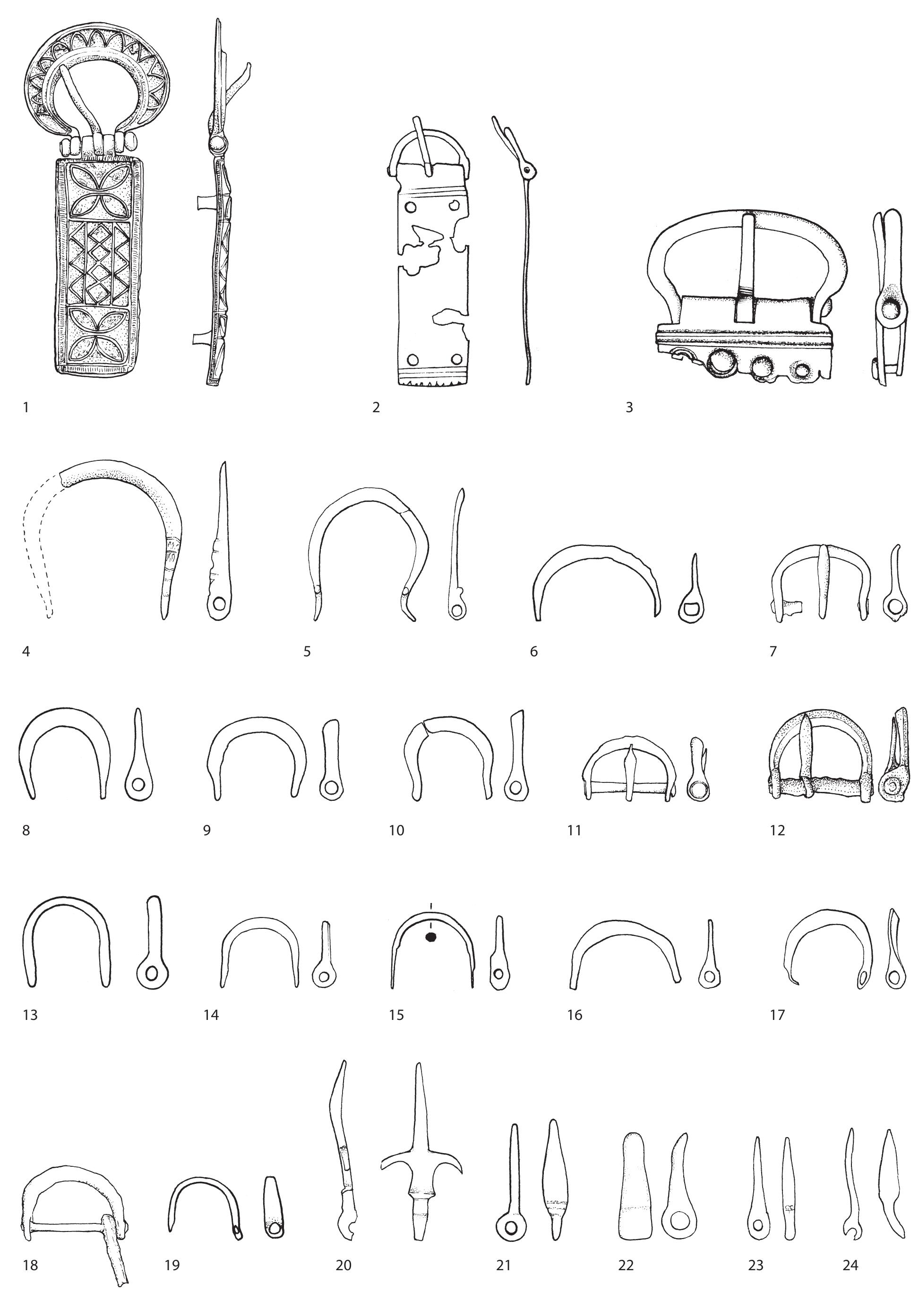 Fig. 39 D-shaped buckles with perpendicular eyes and buckle tongues. Scale 2:3. 