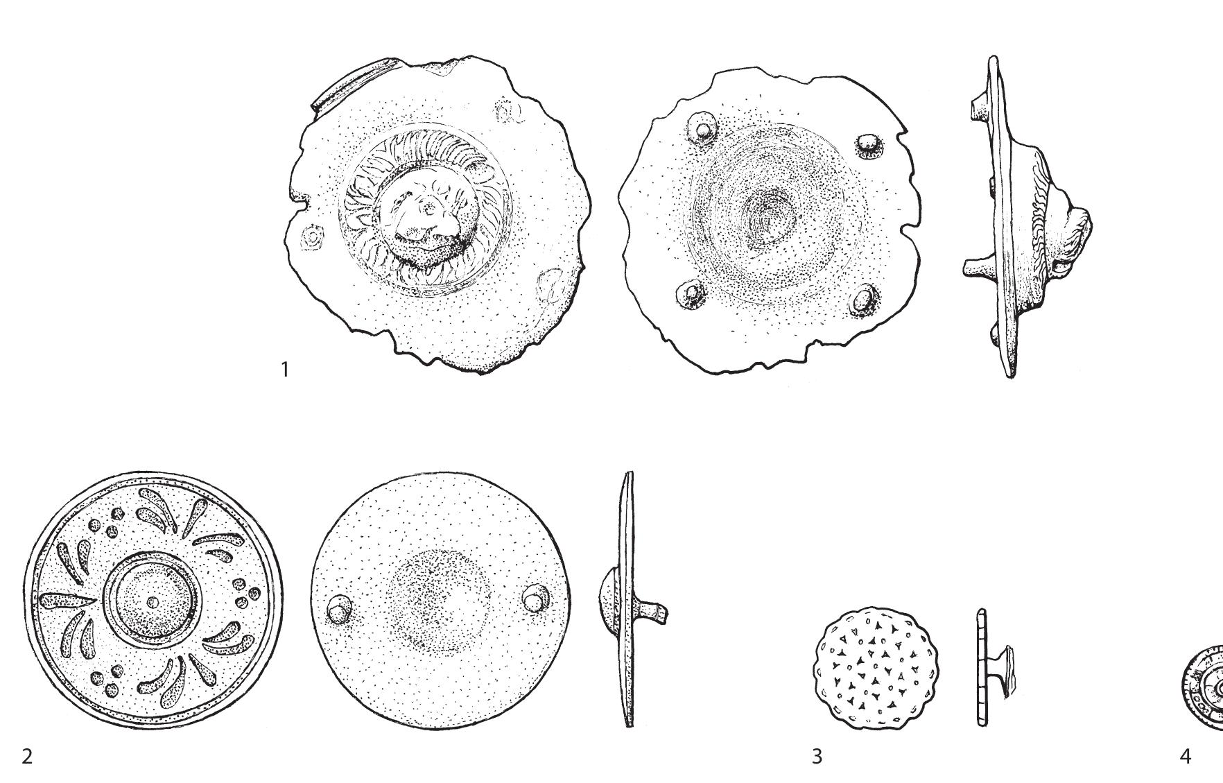 Fig. 47 Decorative fittings. Scale 2:3.  Legio X was stationed prior to being moved to the Netherlands in AD 69. The use of duo nomina implies that Lucius Rucius held Roman citizenship. 