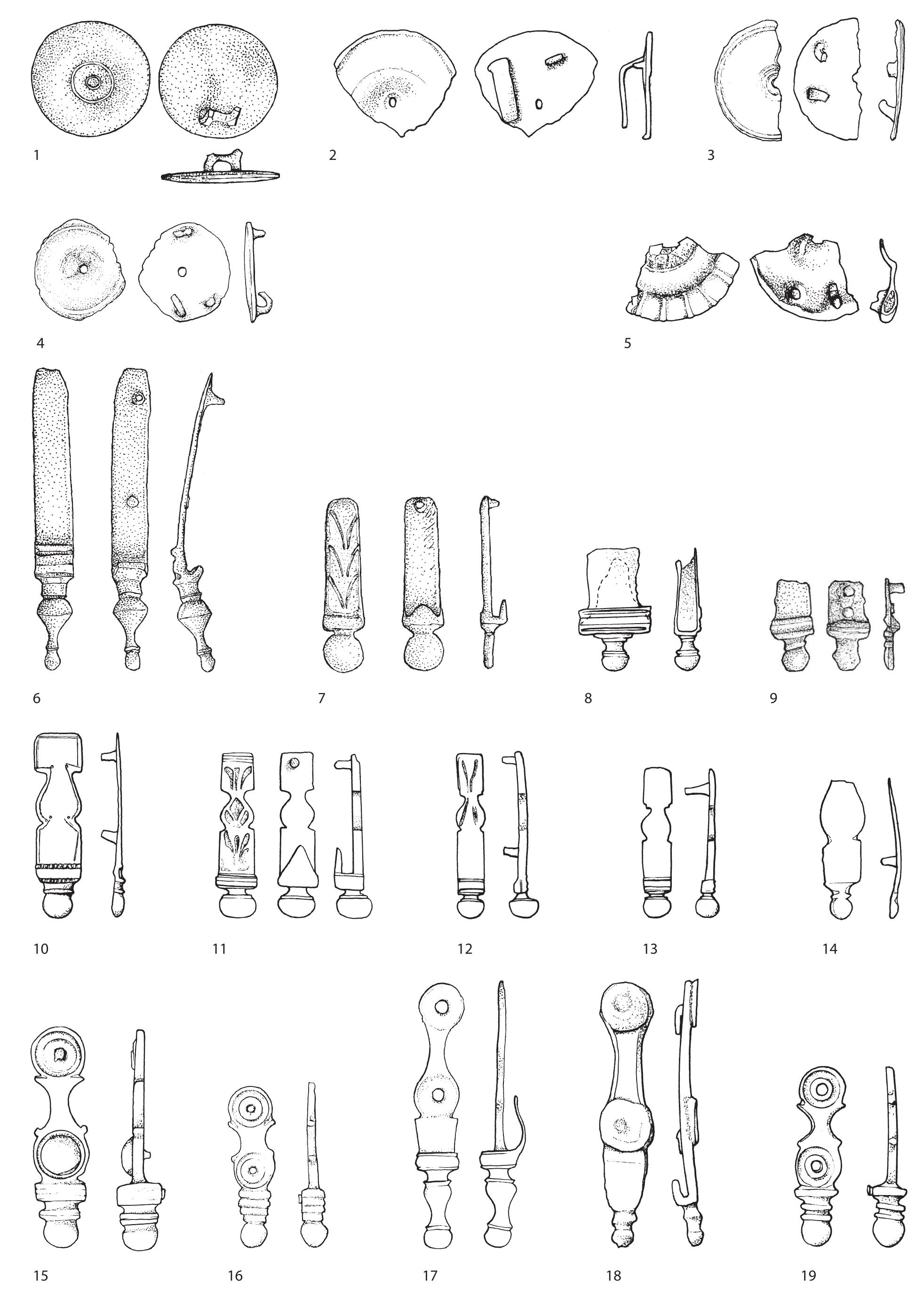 Fig. 59 Horse gear looped strap mounts and strap terminals. Scale 2:3. 