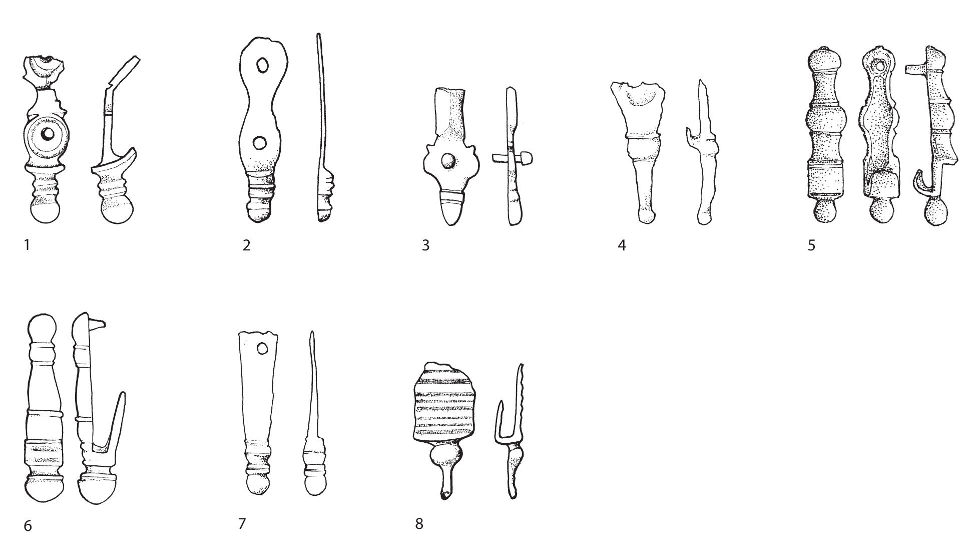 in common with fig. 67.13, which can be identified as such a pendant without difficulty. Finally, some pendant fragments cannot be attributed to one of the subtypes (fig. 67.18-19).  Fig. 60 Horse gear strap terminals. Scale 2:3. 