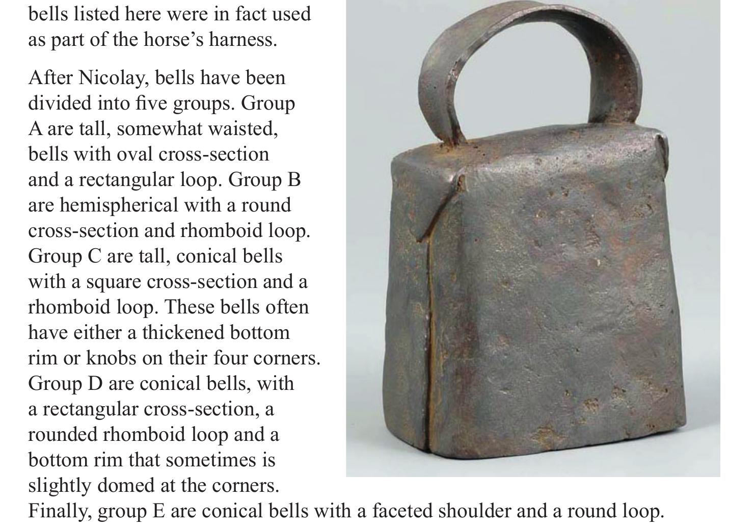 Groups A, B and C appear mainly in the Ist century AD, while groups D and  E can be dated to the 2nd and 3rd centuries. Some bells of group B, however, primarily those that are not decorated with parallel grooves, did remain in use fot some time alongside the later ones.”” 