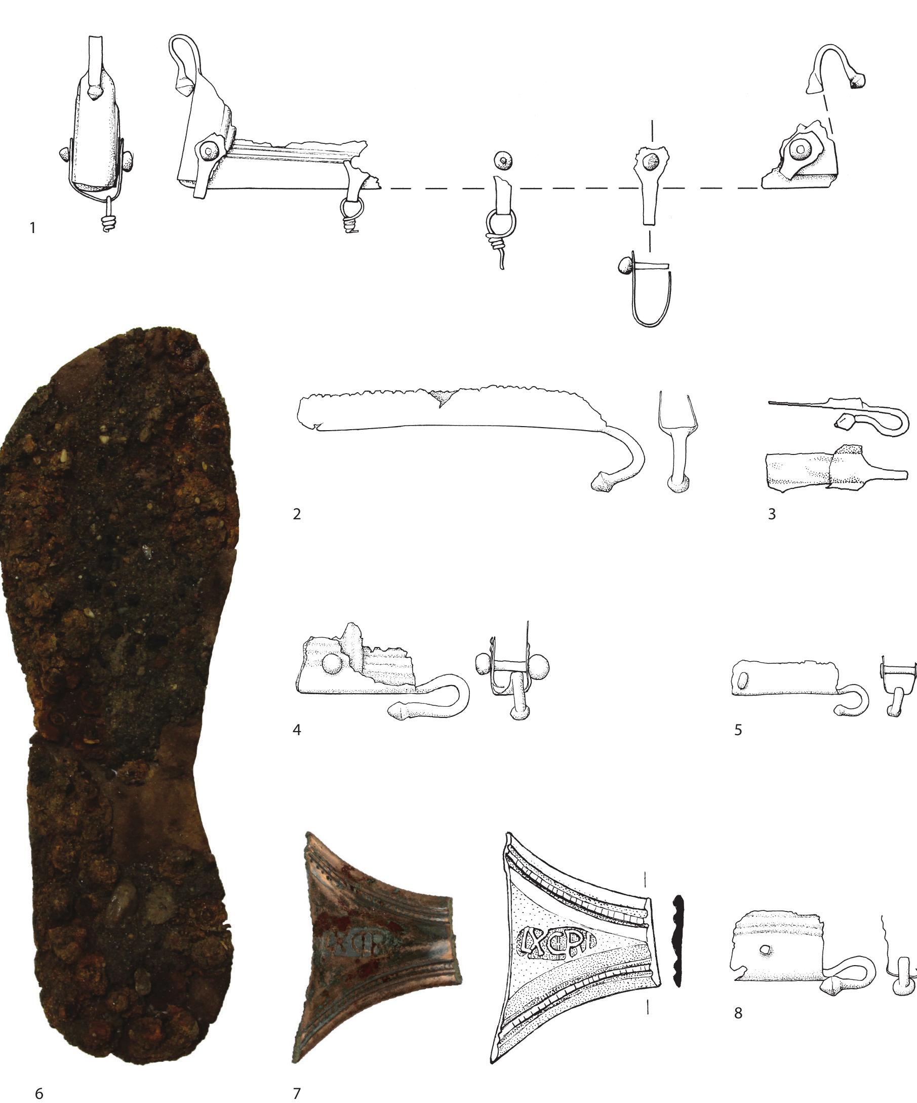 Fig. 76 Dolabra sheath fragments, sandal sole and patera handle. Scale 1:2 (no. 7 scale 2:3). 