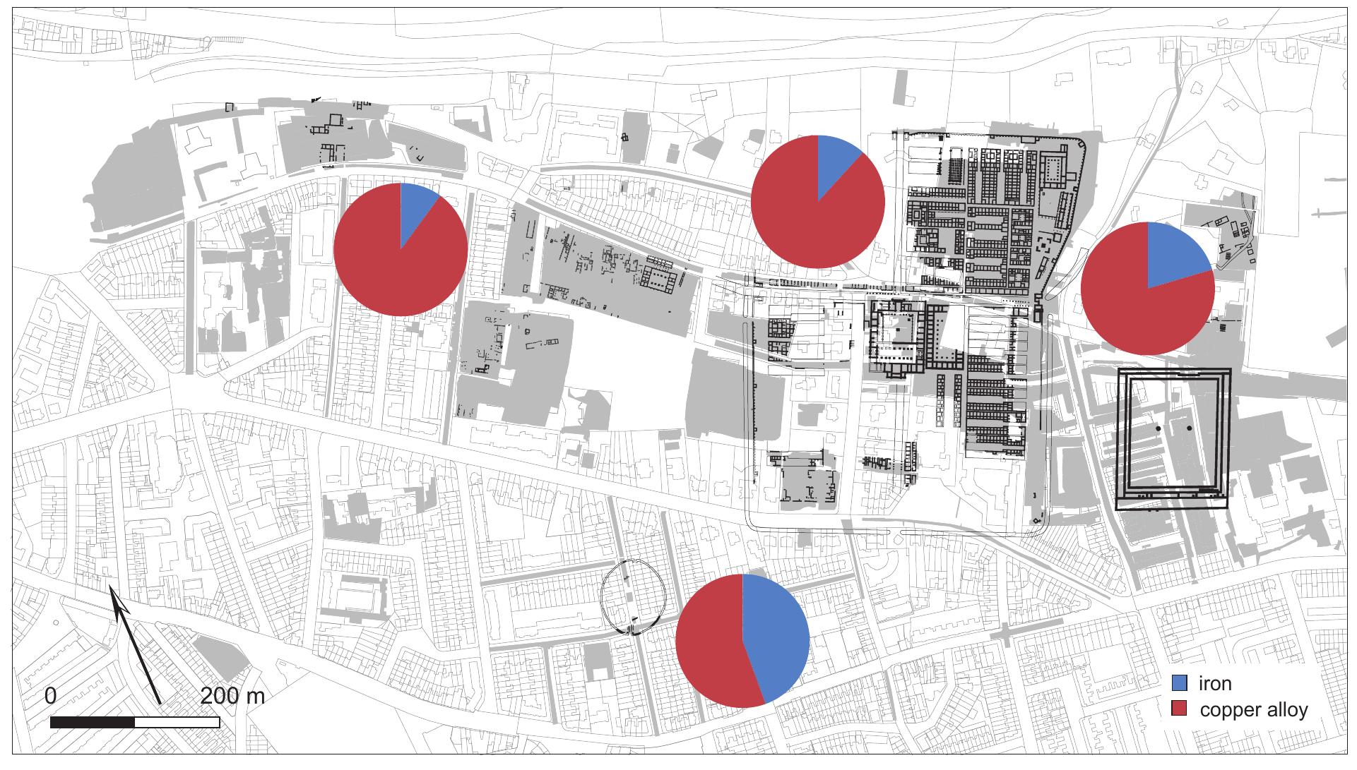 Fig. 79 Ratio of copper- alloy to iron objects in the four areas.  of this interpretation is that the ratio of copper-alloy to iron objects is very similar for the three main areas (table 8 and fig. 79).?% 