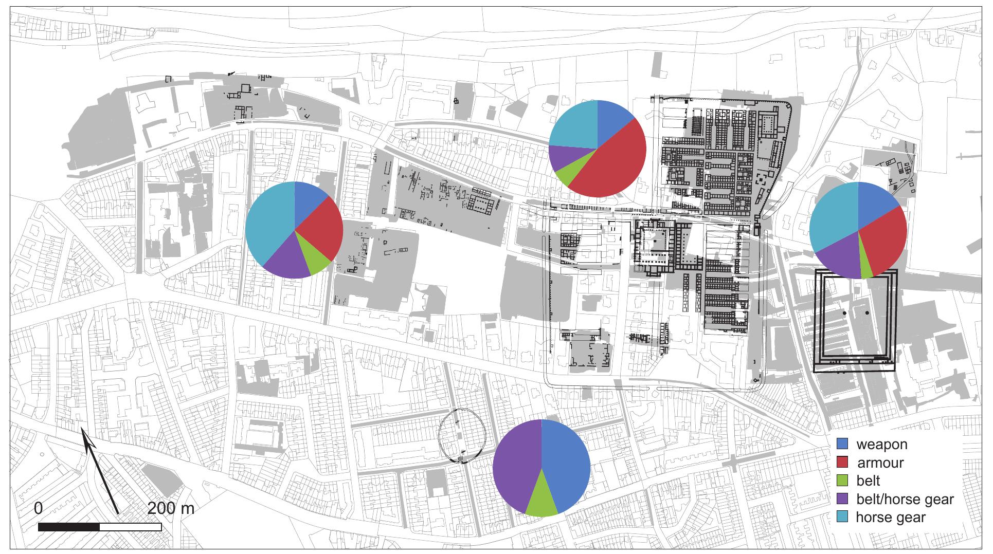 Fig. 80 The assemblages of the four areas sorted by functional group.  the size of an assemblage, but much less its composition. Consequently, by comparing the assemblages of the Flavio-Trajanic legionary fortress and its  extramural settlement it should be possible to discern primary deposition pattern: that reflect differences in the use of space. 
