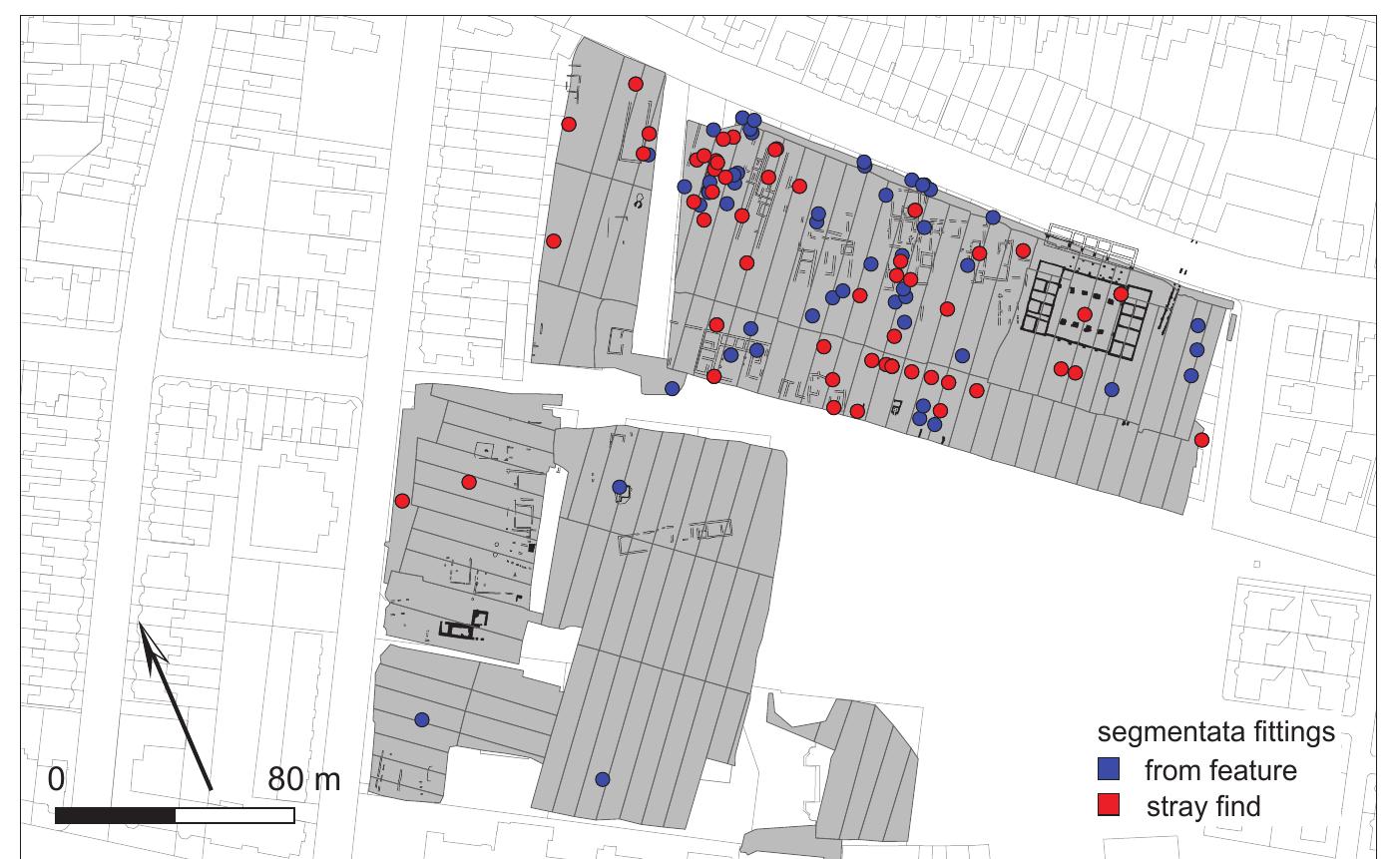 stray finds (fig. 83). The Canisiuscollege excavations, situated in the western settlement, were chosen as a test case because they represent the largest connected excavated surface area for which information is available on the  context of all finds. 