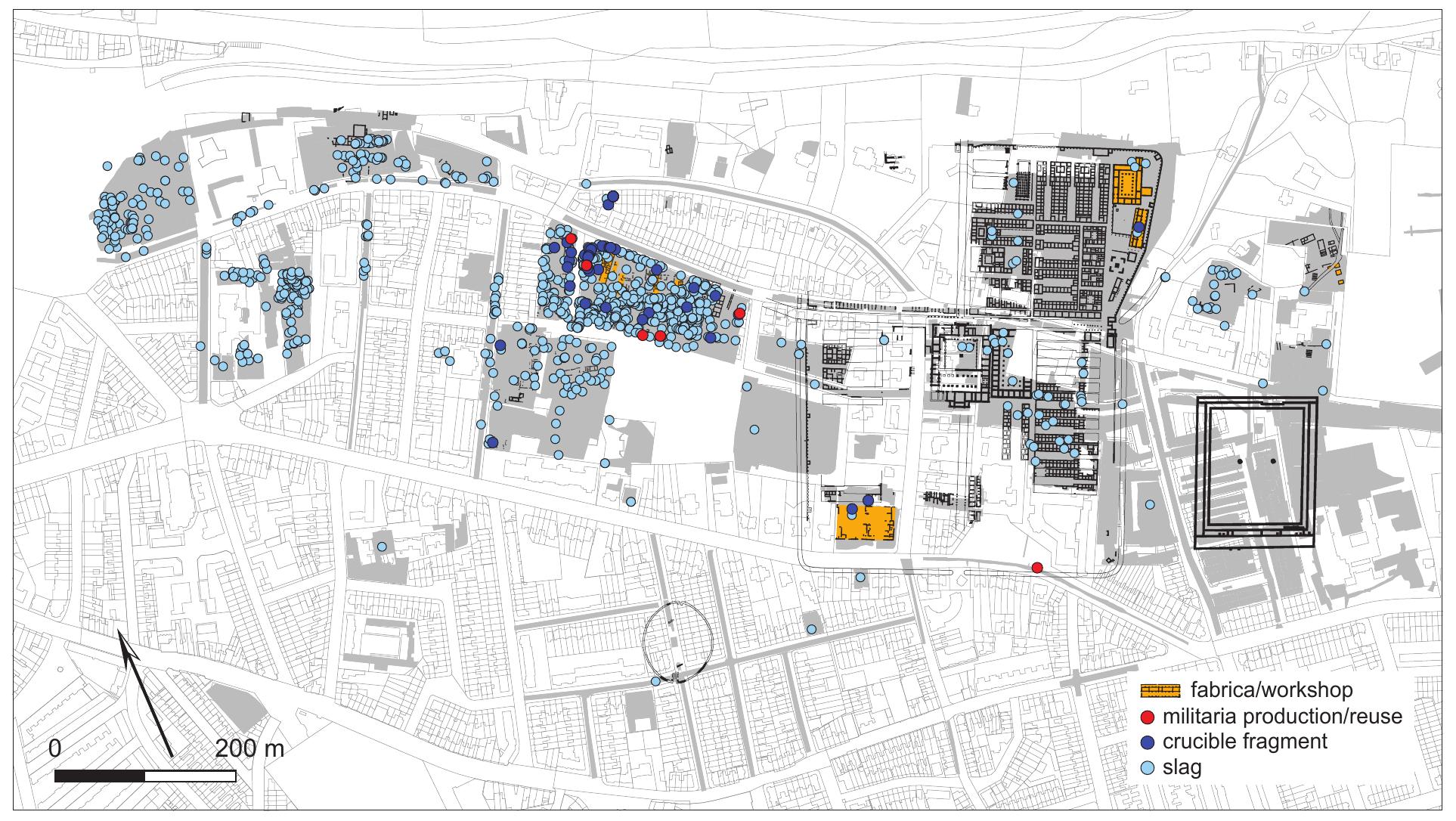 Fig. 84 Distribution of the finds linked to production and repair of military equipment compared to that of crucible fragments and slag.  3.5.3, Other indicators for metalworking 