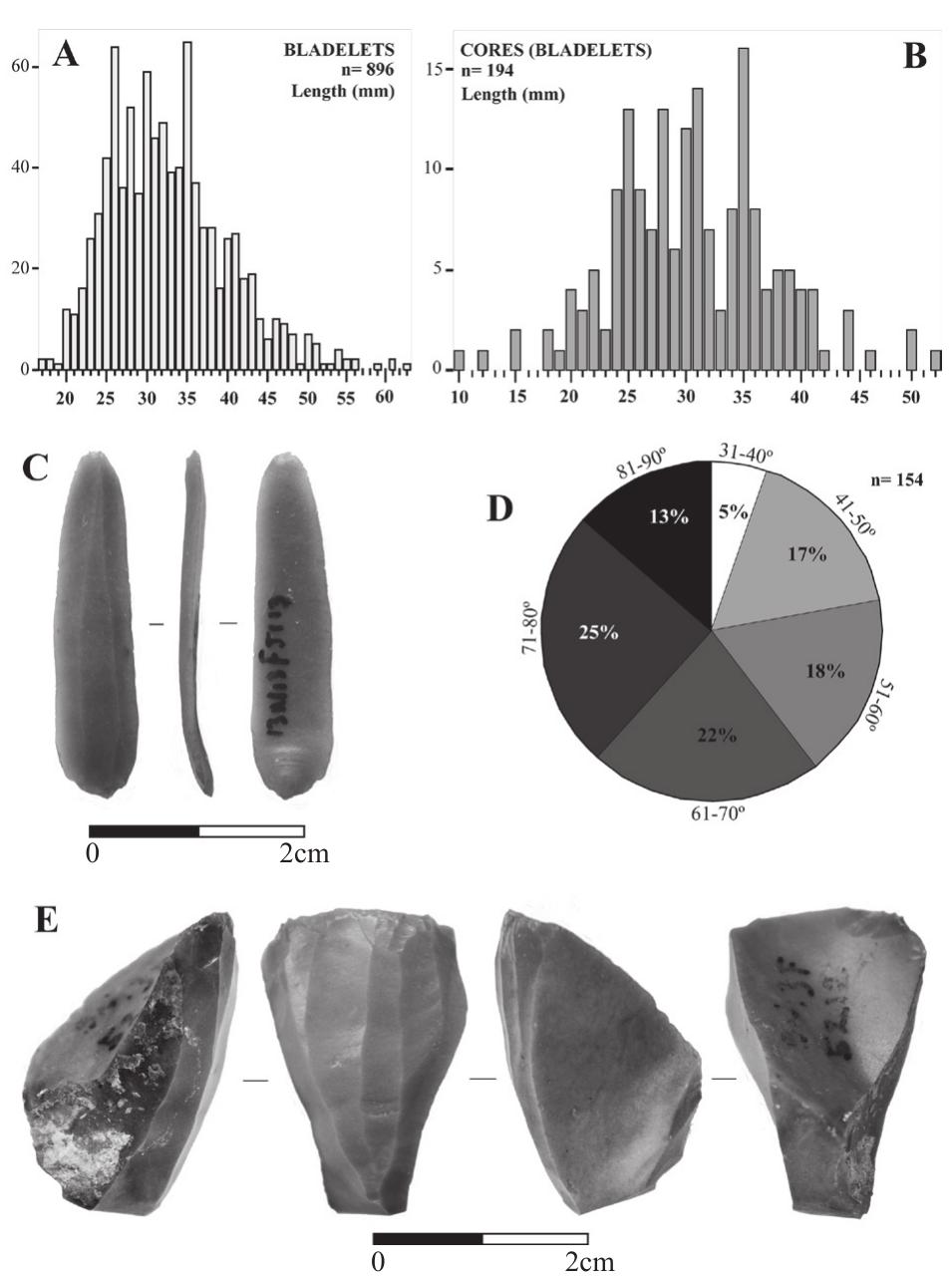 Complete bladelet and core measurements, C. and E. A bladelet  and core from Sector F, D. The angle of blow of the complete bladelet cores from the site 