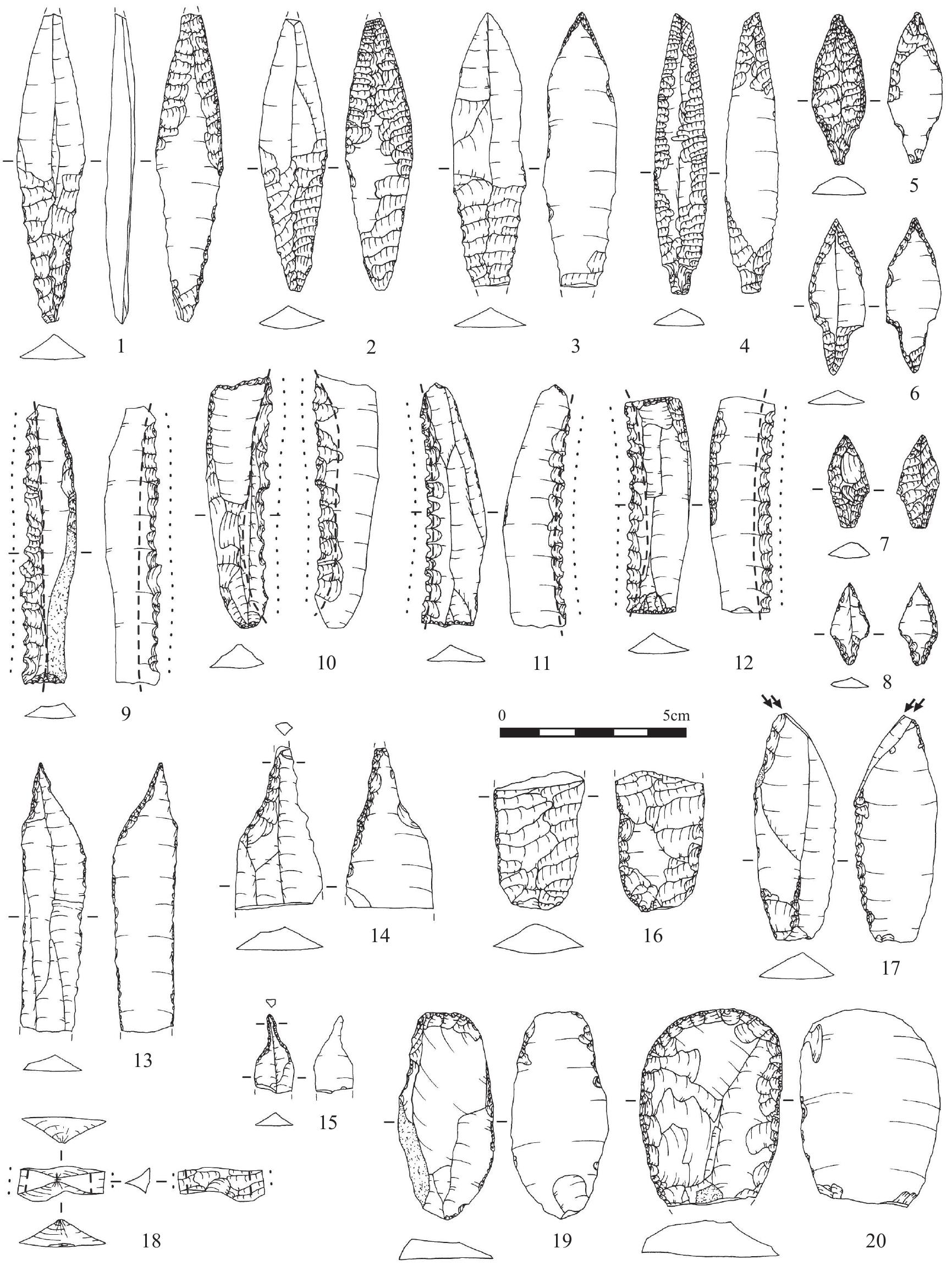 Figure 10. Retouched tools from Beisamoun: 1-8. Projectiles, 9-12. Sickle blades with coarse/deep denticulated edges, 13-15 Borers/perforators, 16. Fragment of a knife, 17. Burin, 18. SBBF with gloss on both edges, 19-20. Scrapers. (Note: Projectile n° § appeared very close to the surface and is only shown for comparative purposes) 