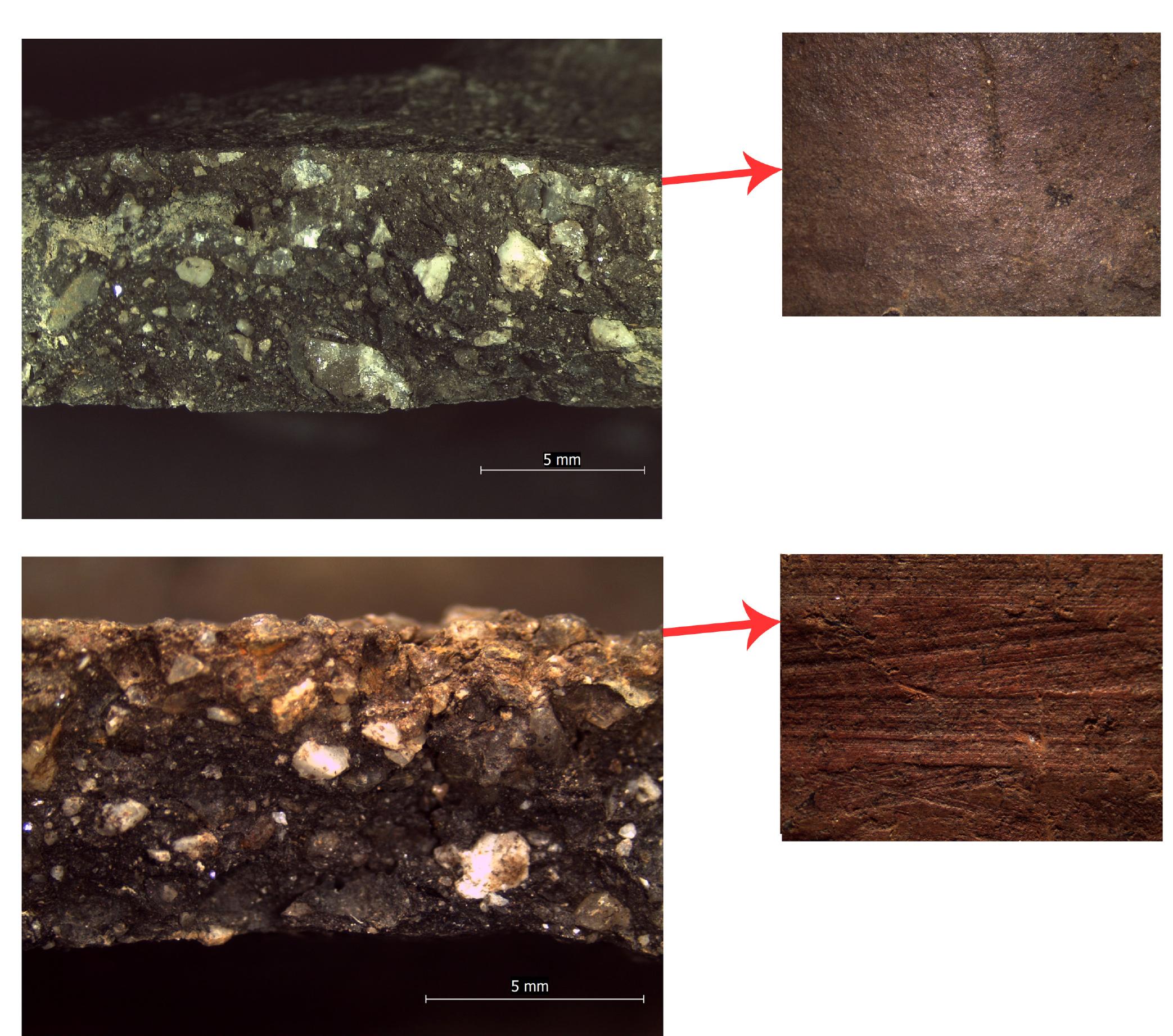 Fig. 4. Examples of pottery surfaces bearing horizontal traces of spatula (below) and polishing (above) 