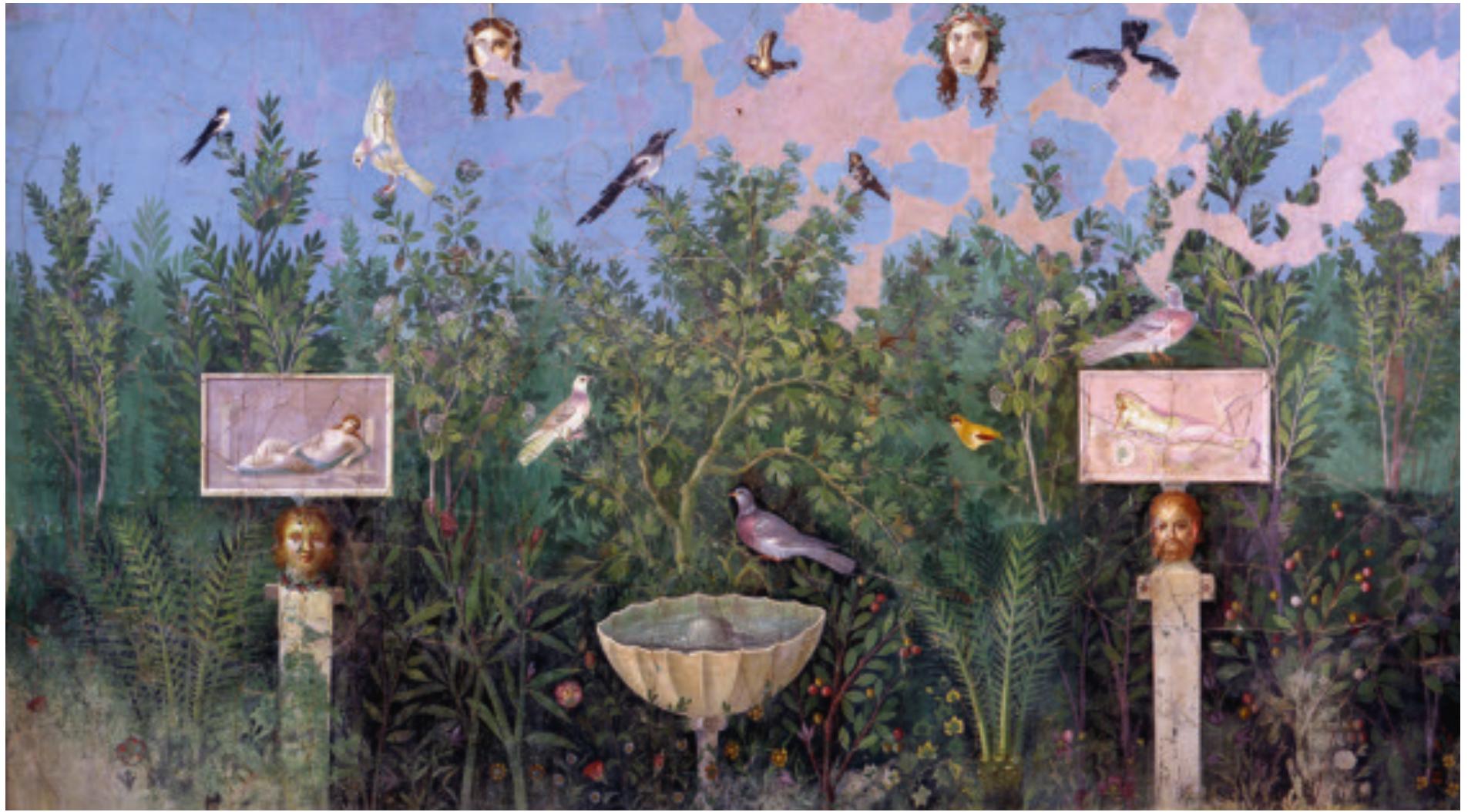 Fig. 2. Wall painting from the House of the Golden Bracelet, Pompeii (VI 17, 42): garden scene (detail) with fully poly- chrome satyr’s heads carrying more discretely coloured reliefs. Mid 1 century CE, c. 200 x 375 cm. Pompeii, Antiquarium, inv. no. SAP 40690. (Credit SAP). 