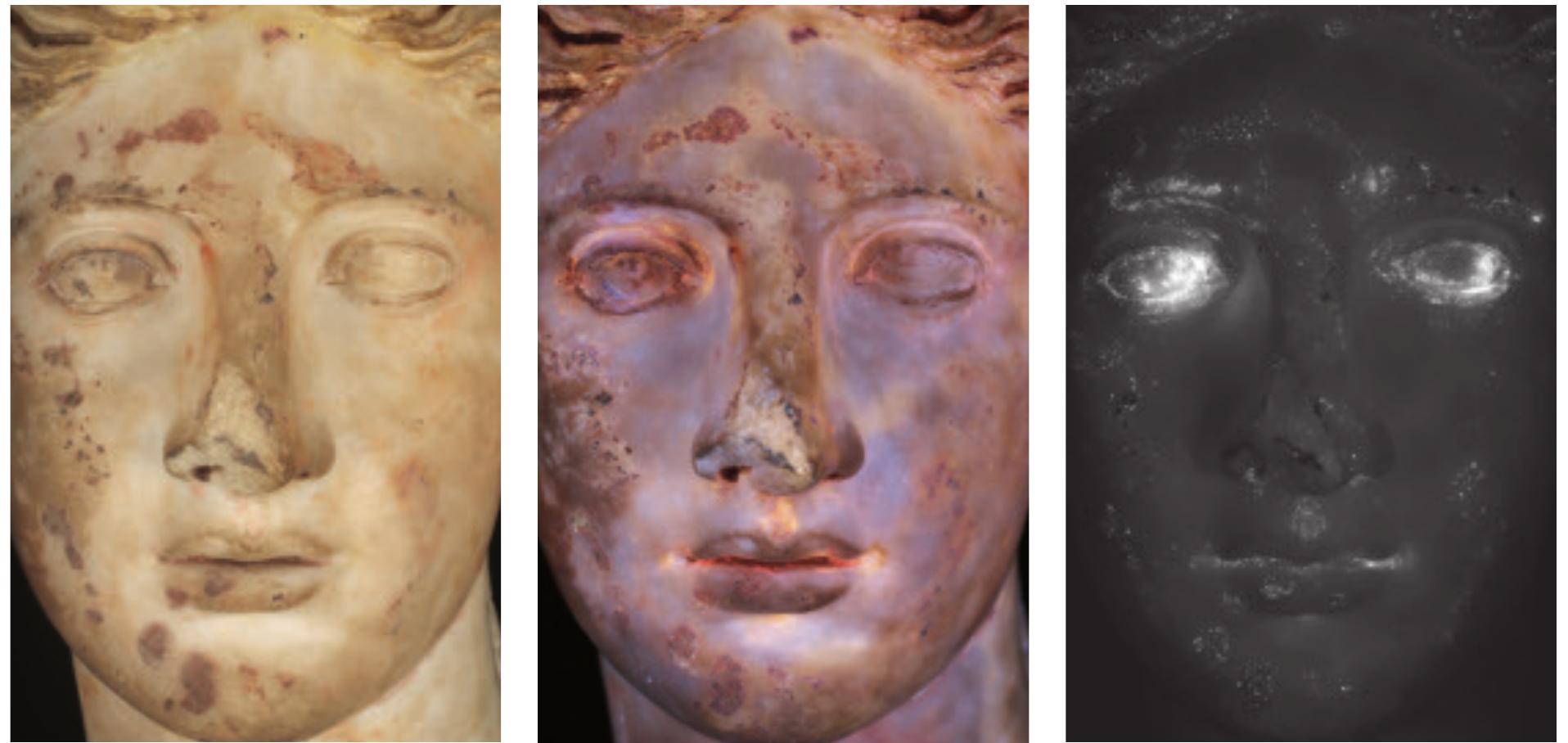 Fig. uia—c. Head of a female deity (‘Treu Head’). a) Present state, tungsten light; b) UIL image showing orange red lu- minescence of organic pigments; c) VIL image with the white luminescence of Egyptian blue. Mid 2"4 century CE. London, The British Museum, inv. no. GR 1884, 0617.1. (Credit The British Museum). 