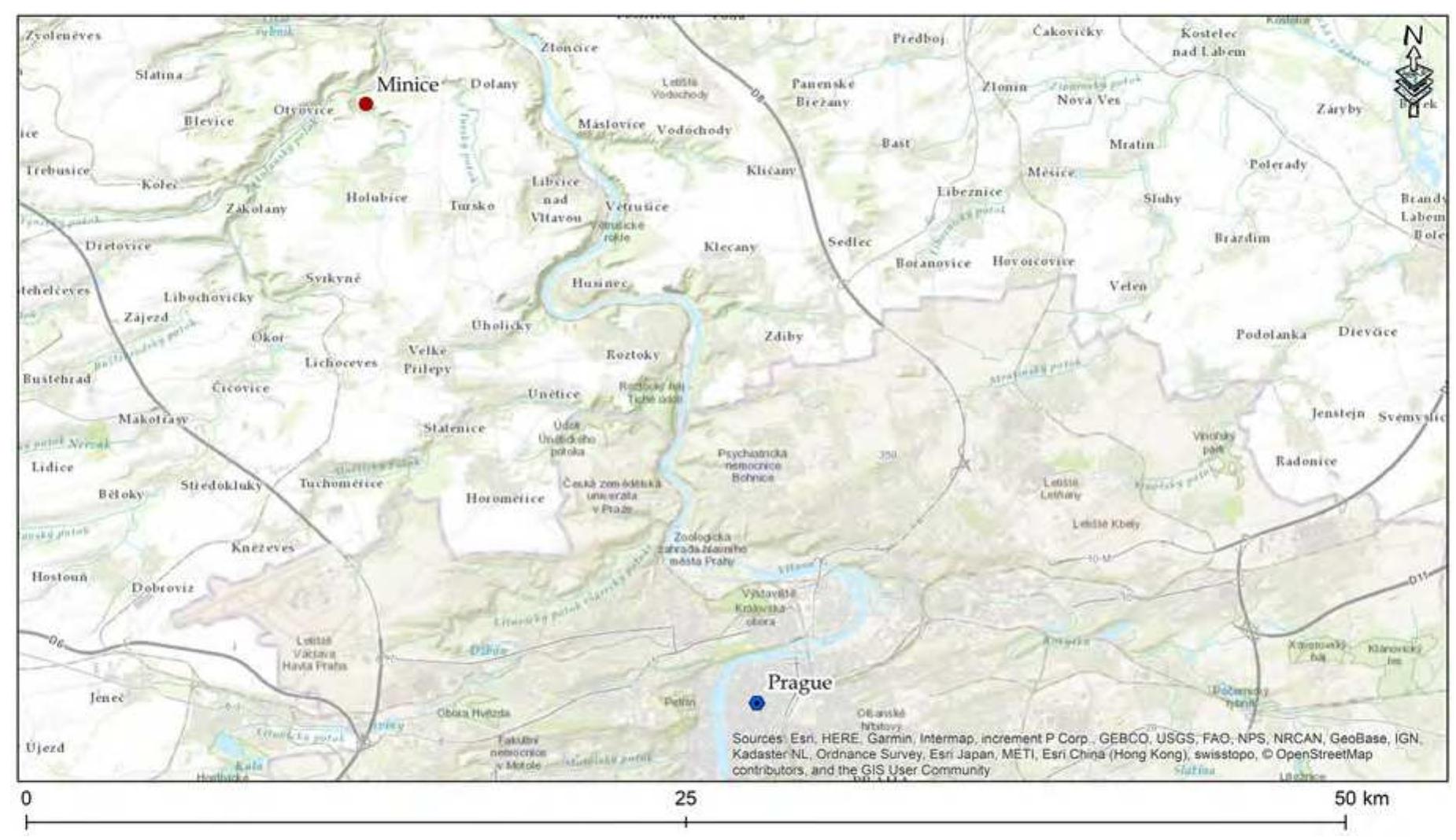 Fig. 1: Map of the Minice hillfort location within the map of Central Bohemia.  Regarding the hillfort itself, the excavation plans were digitalized and put into the context of the landscape, especially of the rocky promontory it stands on (PI. 1/2). The intensive fielc survey was then focused on the hillfort’s surroundings with the main aim to detect Hallstatt (or other) period pottery scatters, which would help to understand better the settlement dy namics of the site and its connection with its immediate hinterland (Pls. 1/3-5).  THE MINICE HILLFORT NEAR KRALUPY NAD VLTAVOU 