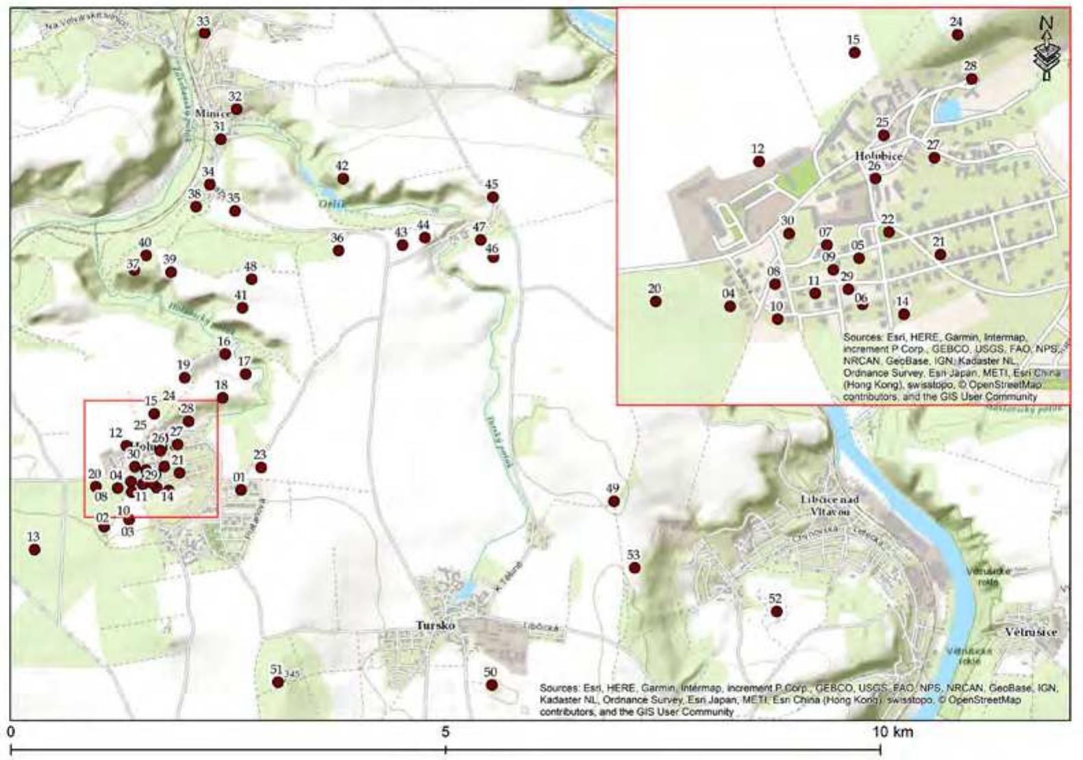 Pl. 1/1. Overview map of the Minice hillfort (no. 37) and of other archaeological sites, pottery scatters, and chance finds known from its immediate hinterland. For information on the sites cf. Tab. 1. 