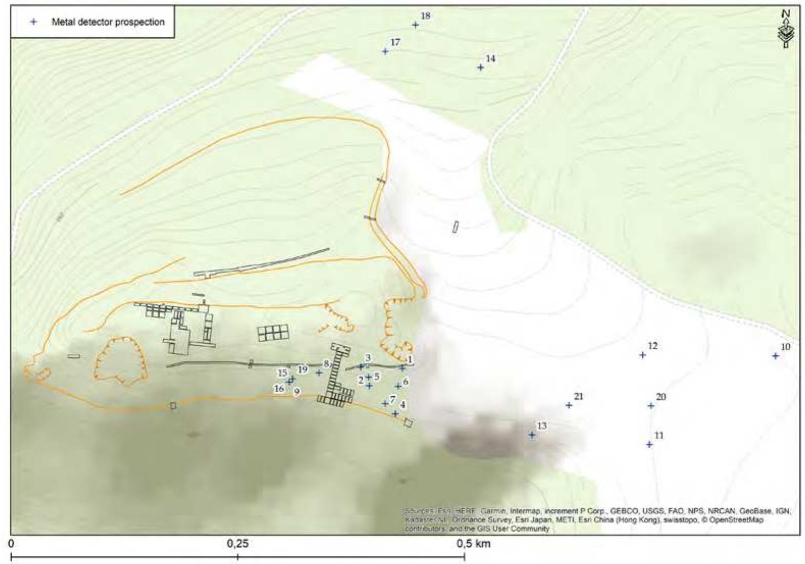 Pl. 1/6. Map showing the joint results of the metal detector prospection conducted first in 2013- 2014 (no. 1-8) and repeated in 2015 (no. 9-21). For individual information regarding each finc spot see Tab. 2 in the text. 