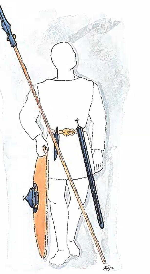 Fig. la. I midten af 500-tallet havde krigeren et tueeg- get sverd — evt. med en lille bronzeknap pa grebet, der i gurigt var af organisk materiale. Dertil havde han en stor enegget kniv (en kortsax), et stort rundt treskjold med kegleformet skjoldbule og bronzedekoration, samt en nesten to m lang lanse med en lansespids med indbuet eg og bronzenitter. Krigerens beltegarniture og suerd- opheng kunne vere fint udfprt i bronze, men selve la- derremmenes placering kendes ikke med bestemthed, bortset fra enkelte billedgengivelser fra Torslunda og Vendel XIV i Sverige.  Germansk jernalder, der dekker tiden fra ar 400-800, kan med rette betegnes som en 