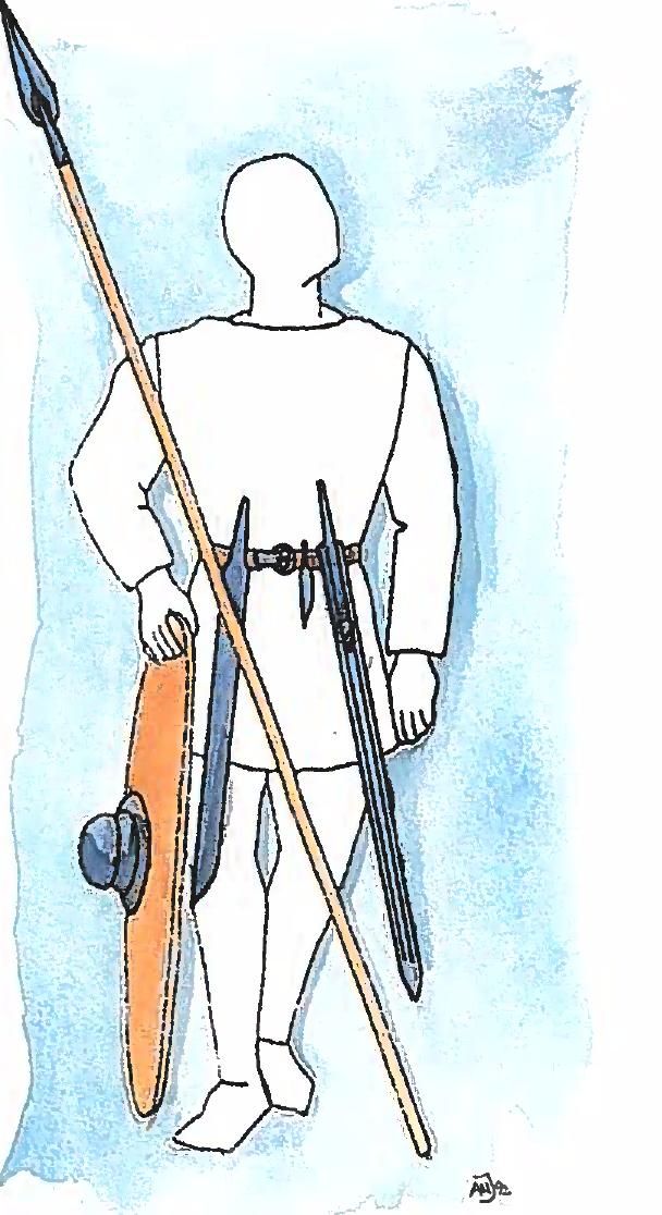 Ved en undersggelse af de arkzologiske fund er det netop i denne periode vigtigt at seette disse i relief ikke blot til perioderne for og efter germansk jernalder, men ogsa at an- skue dem i forhold til tilsvarende fund i land-  Fig. lc. Fra sent 1 600-tallet og begyndelsen af 700-tal- let shiftede bevebningen karakter, og der indf¢rtes et stgrre og kraftigere enegget sverd (langsaxen), der kunne vere suppleret af et tueegget sverd, men som of- test optrddte alene. Hertil en lille kniv, et skjold med en halvkugleformet skjoldbule uden parérknap eller dekora- tion og endelig lansen med en slank og sterk lansespids. 